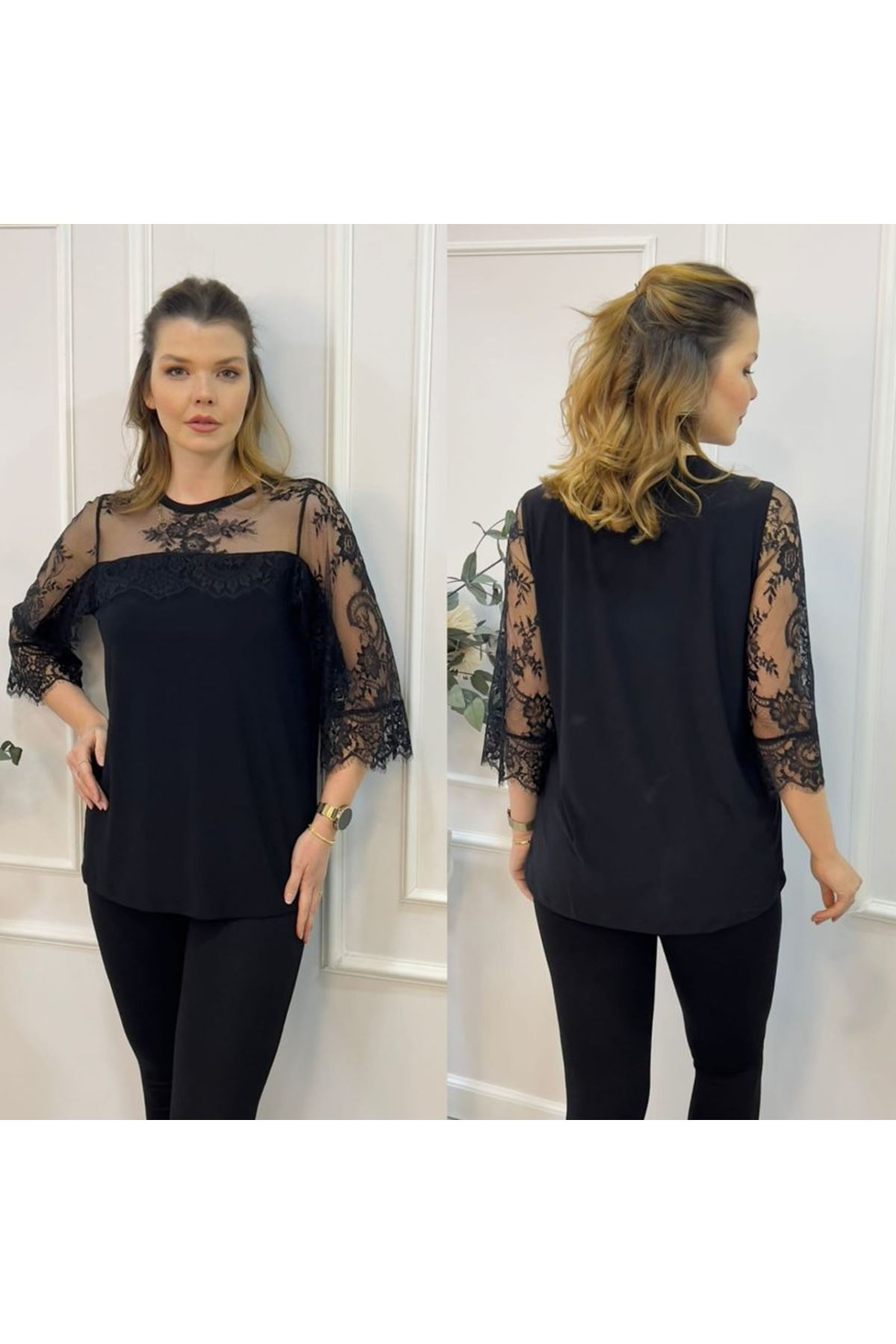 Kadın Bisiklet Yaka Dantel Güpür Transparan Detay Viskon Kumaş Bluz