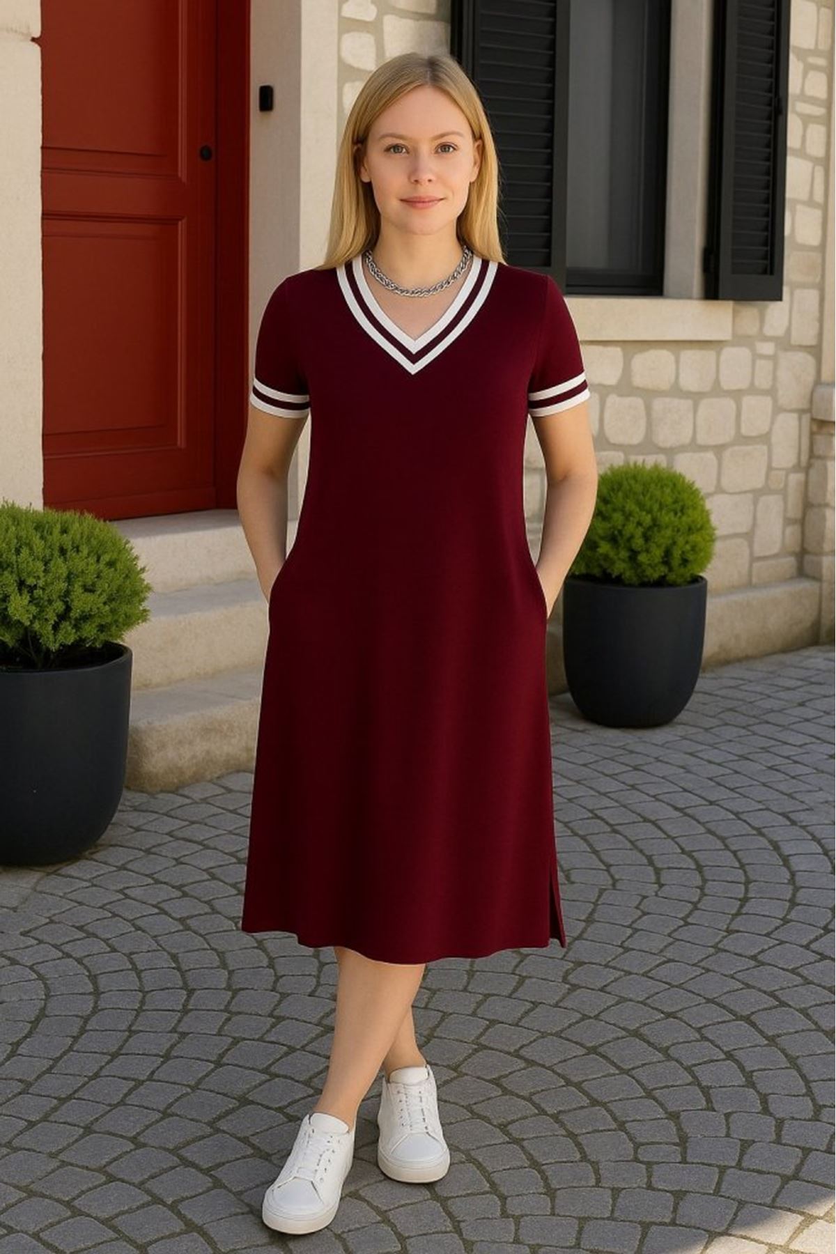 Kadın Kısa Kollu V Yaka Ve Yaka Ribana Detay Midiboy Viskon Elbise