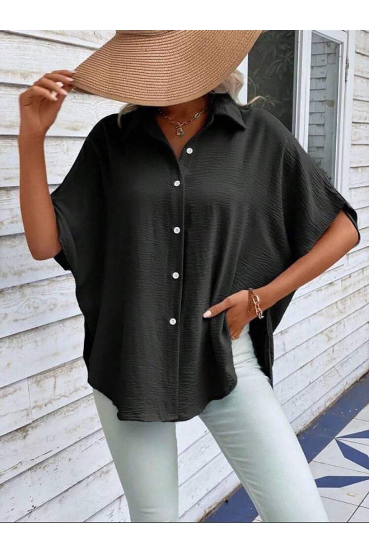 Kadın Aerobin Kumaş Oversize Kısa Kollu Gömlek