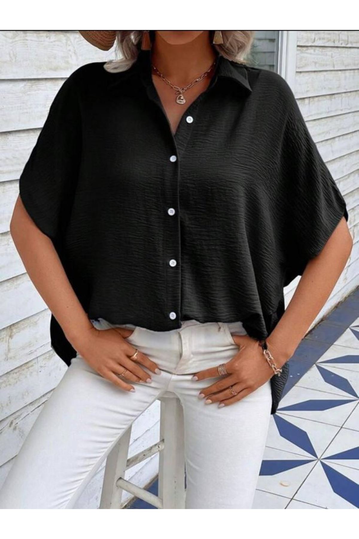 Kadın Aerobin Kumaş Oversize Kısa Kollu Gömlek
