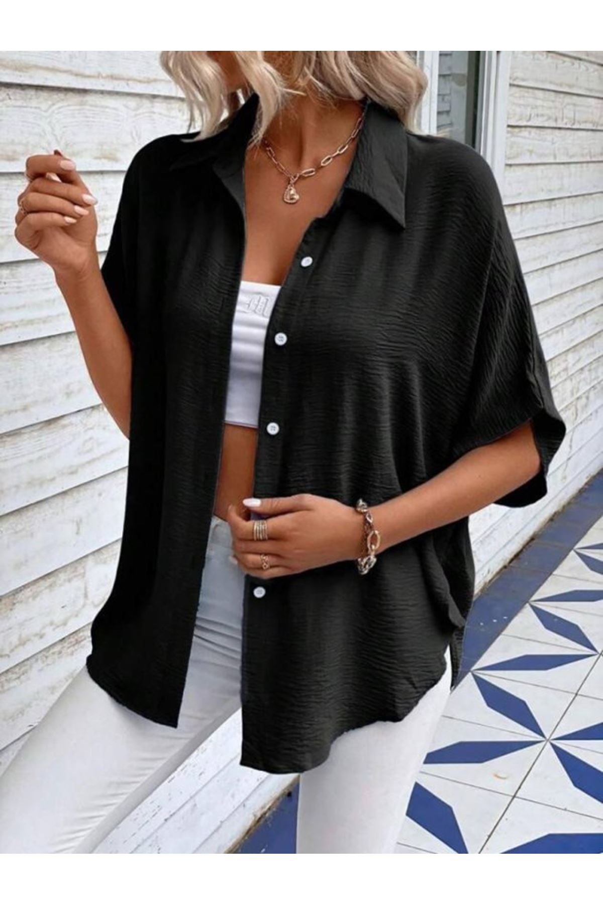 Kadın Aerobin Kumaş Oversize Kısa Kollu Gömlek