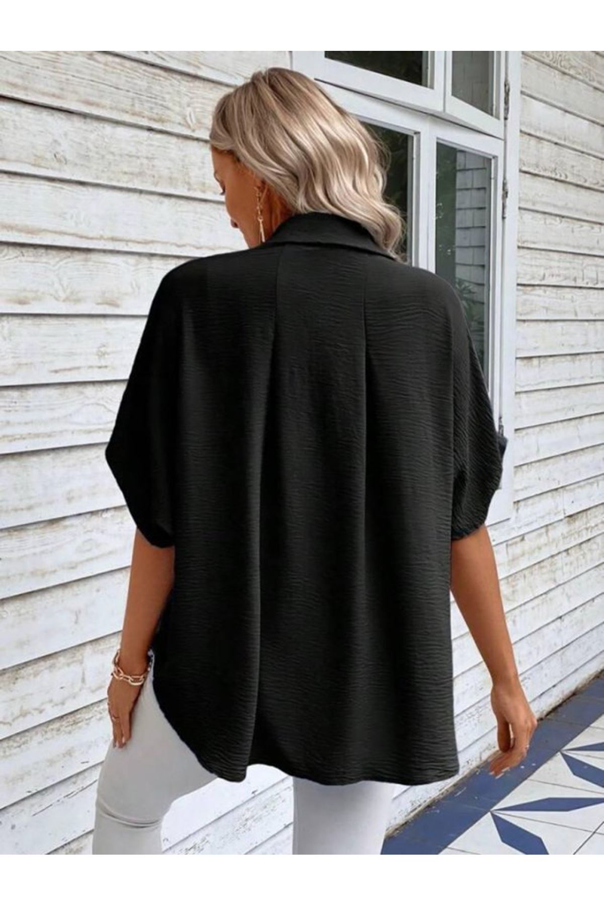 Kadın Aerobin Kumaş Oversize Kısa Kollu Gömlek