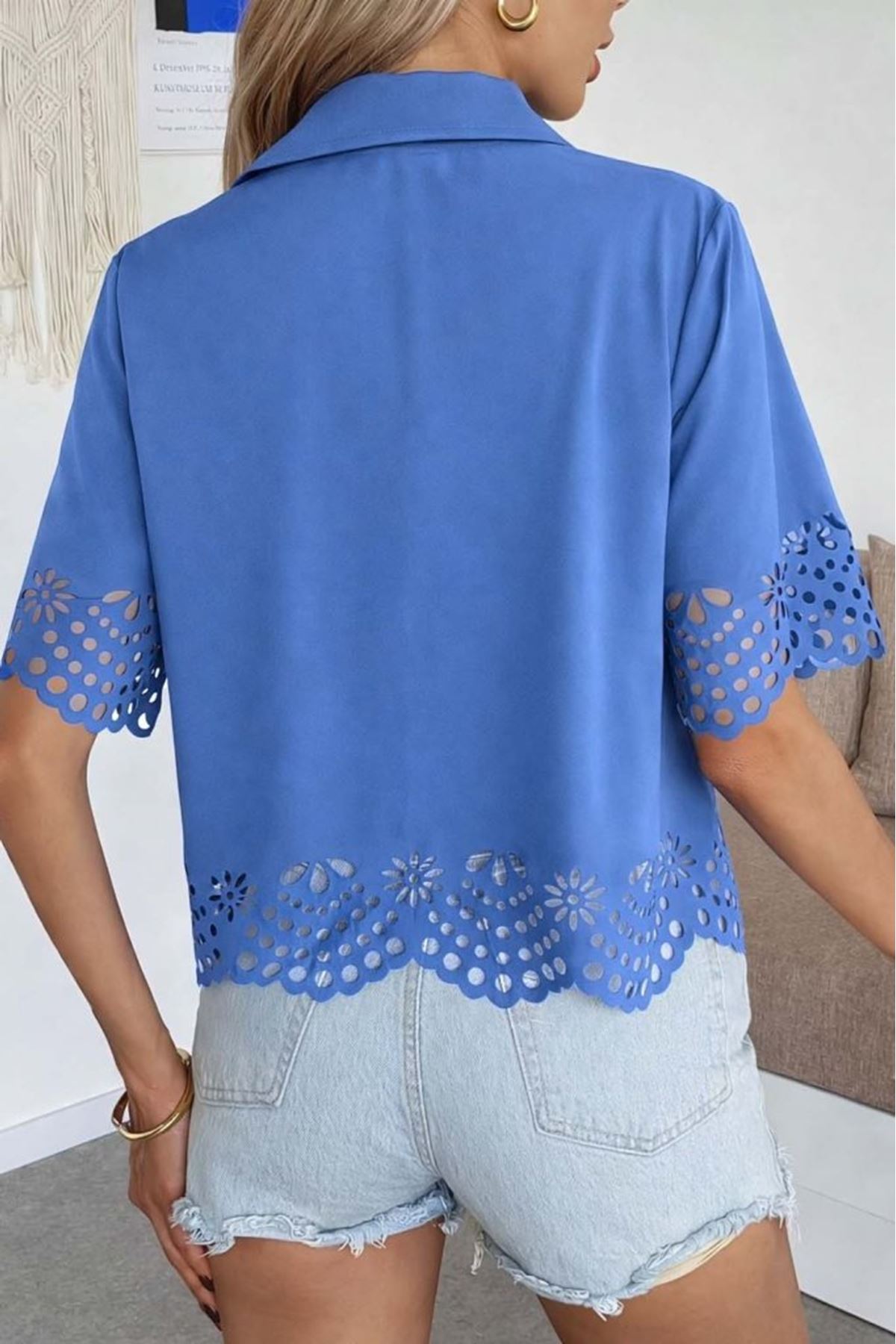 Kadın Kısa Kollu Yakalı önden Düğmeli Dubai Gömlek Bluz