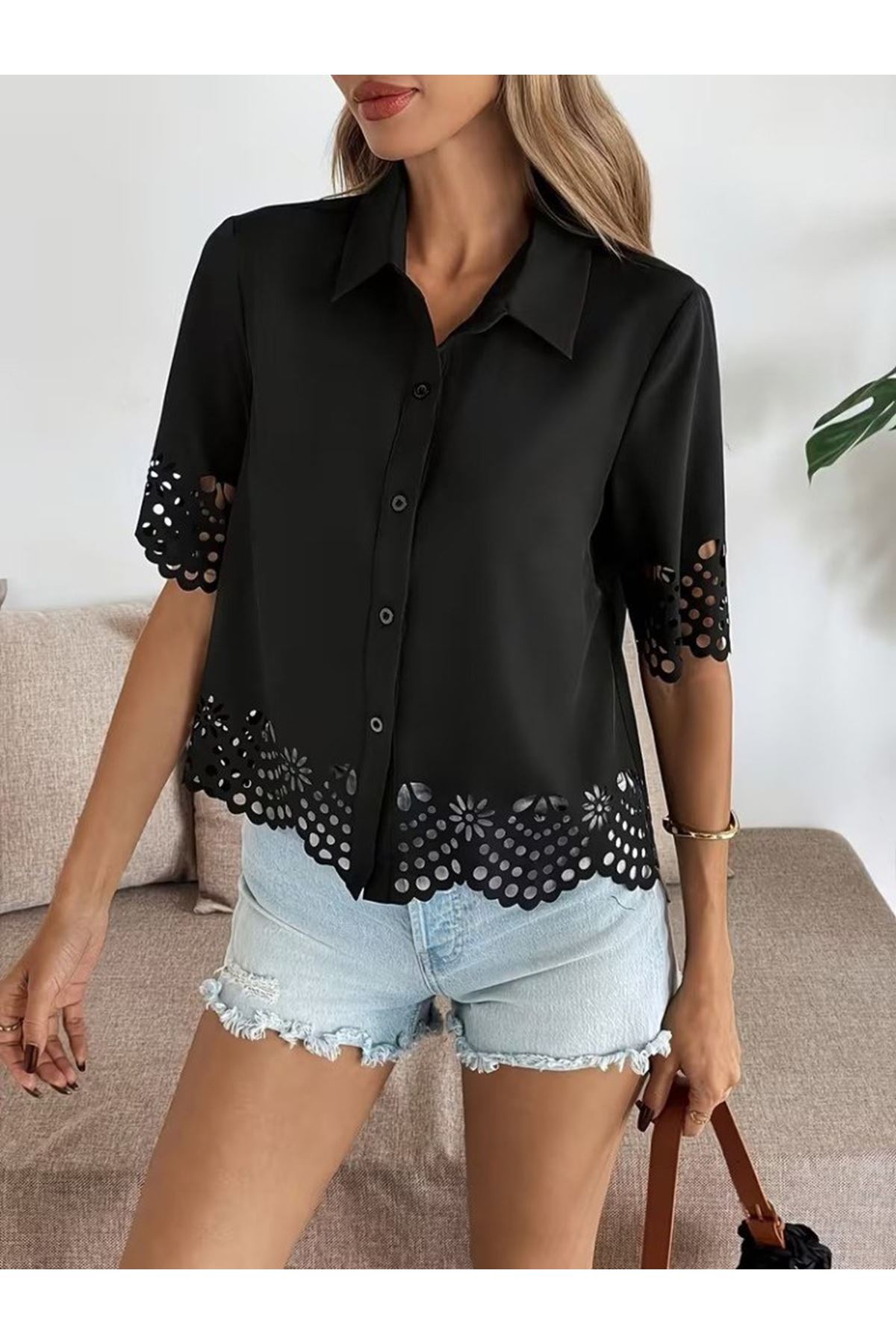 Kadın Kısa Kollu Yakalı önden Düğmeli Dubai Gömlek Bluz