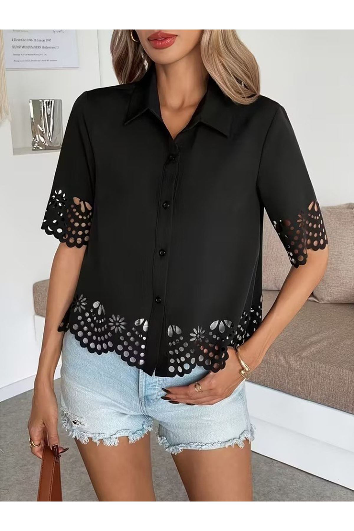 Kadın Kısa Kollu Yakalı önden Düğmeli Dubai Gömlek Bluz