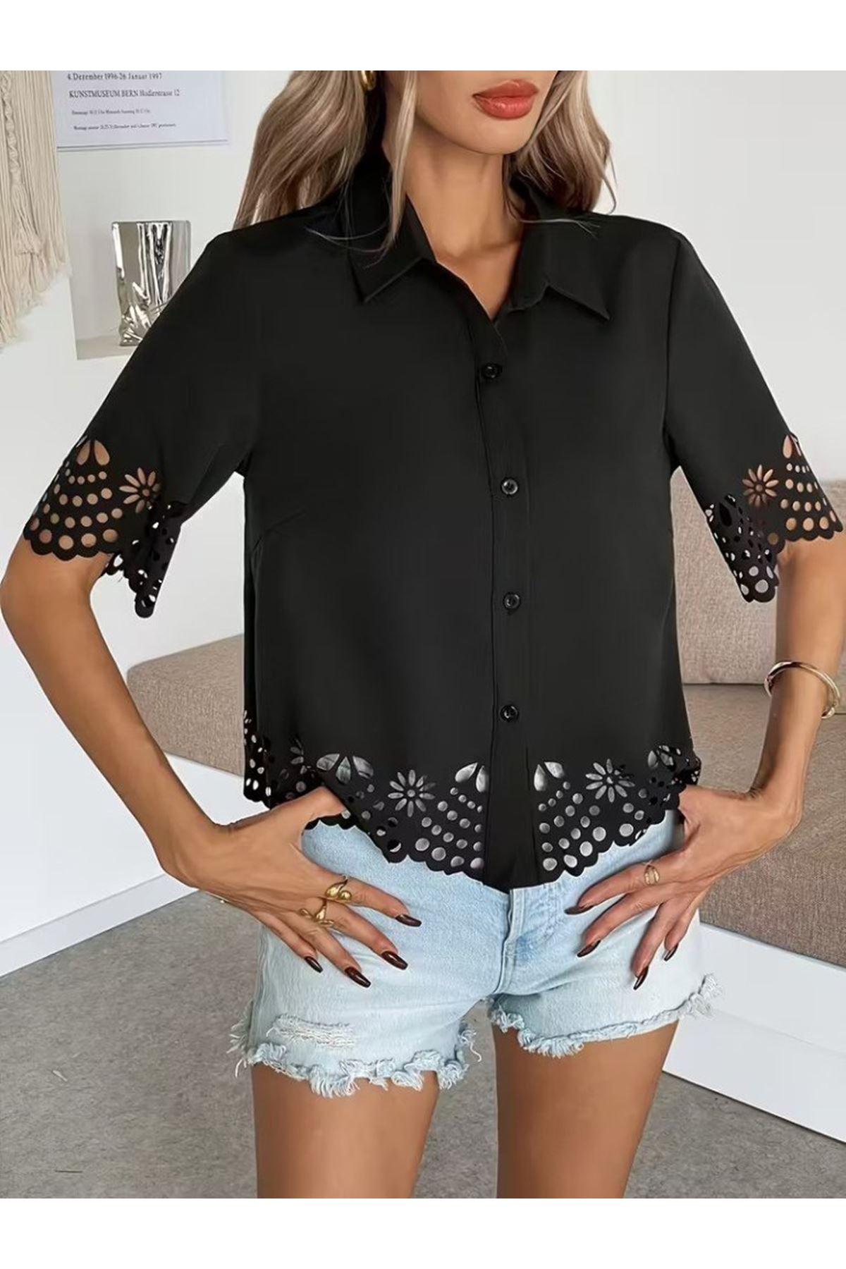 Kadın Kısa Kollu Yakalı önden Düğmeli Dubai Gömlek Bluz