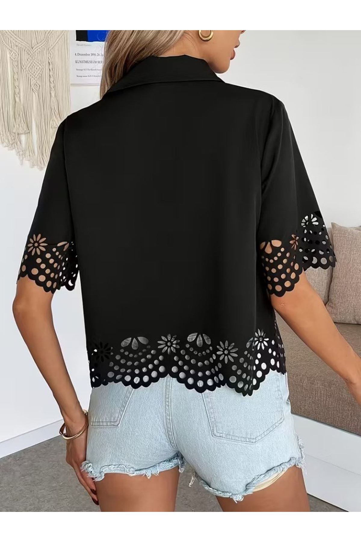 Kadın Kısa Kollu Yakalı önden Düğmeli Dubai Gömlek Bluz