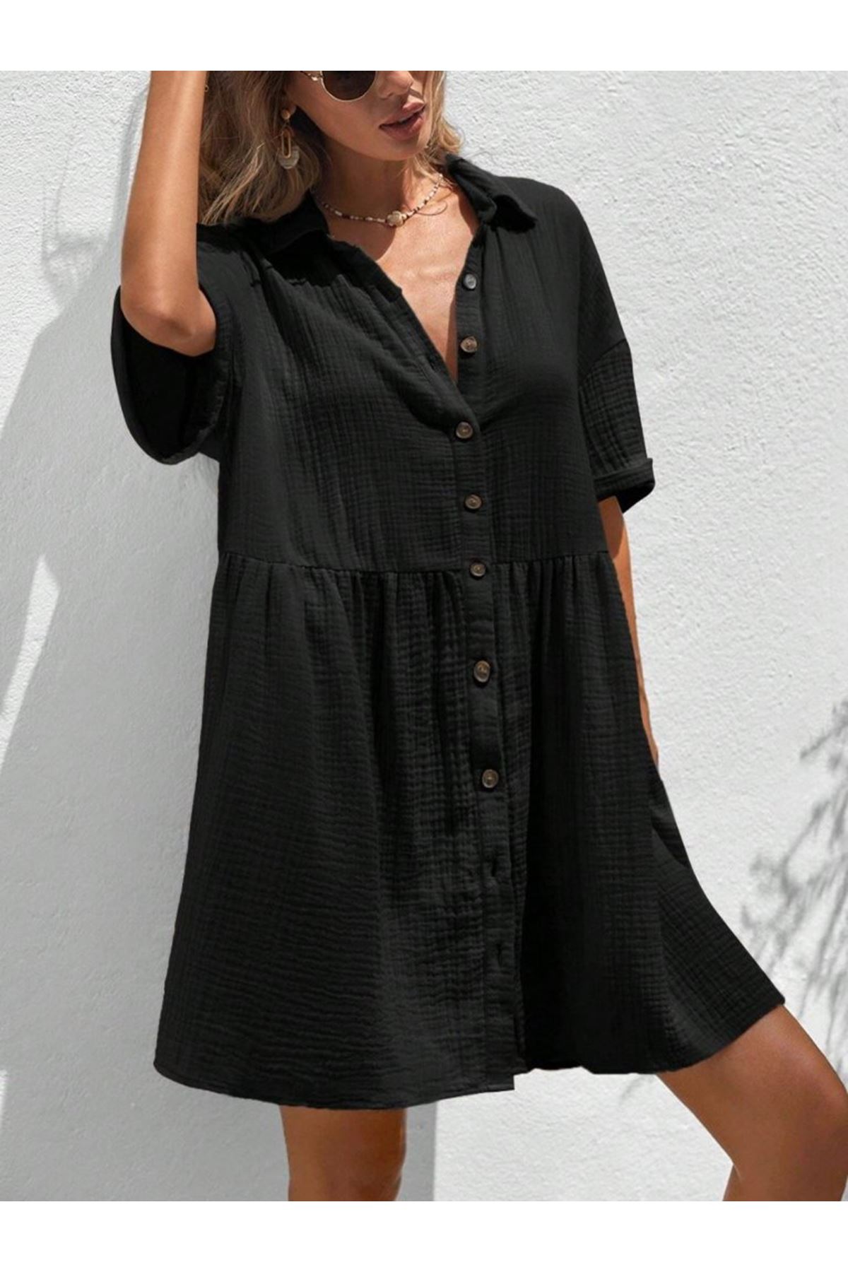 Kadın Kısa Kollu Yakalı önden Düğmeli Kısa Bürümcük Elbise
