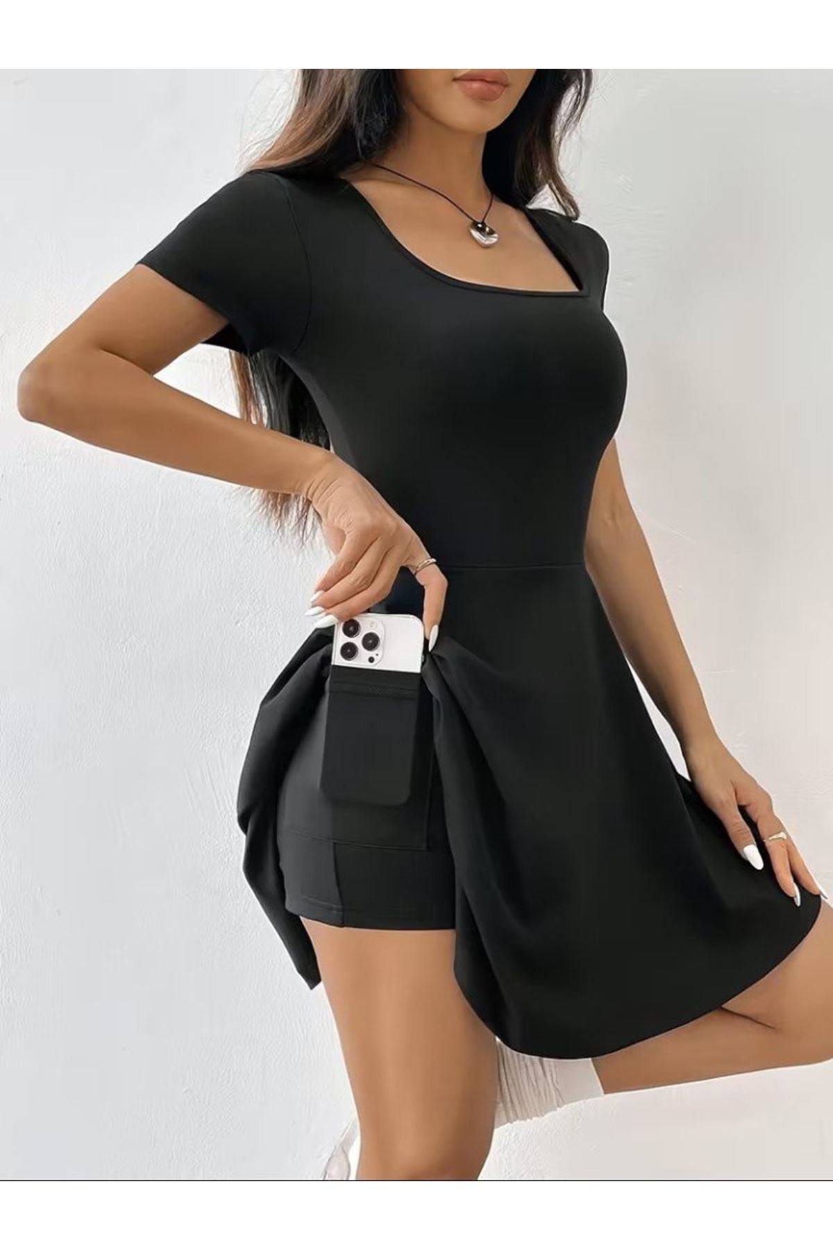 Kadın Kısa Kollu Kare Yakalı Cep Detaylı Dalgıç Elbise Tulum