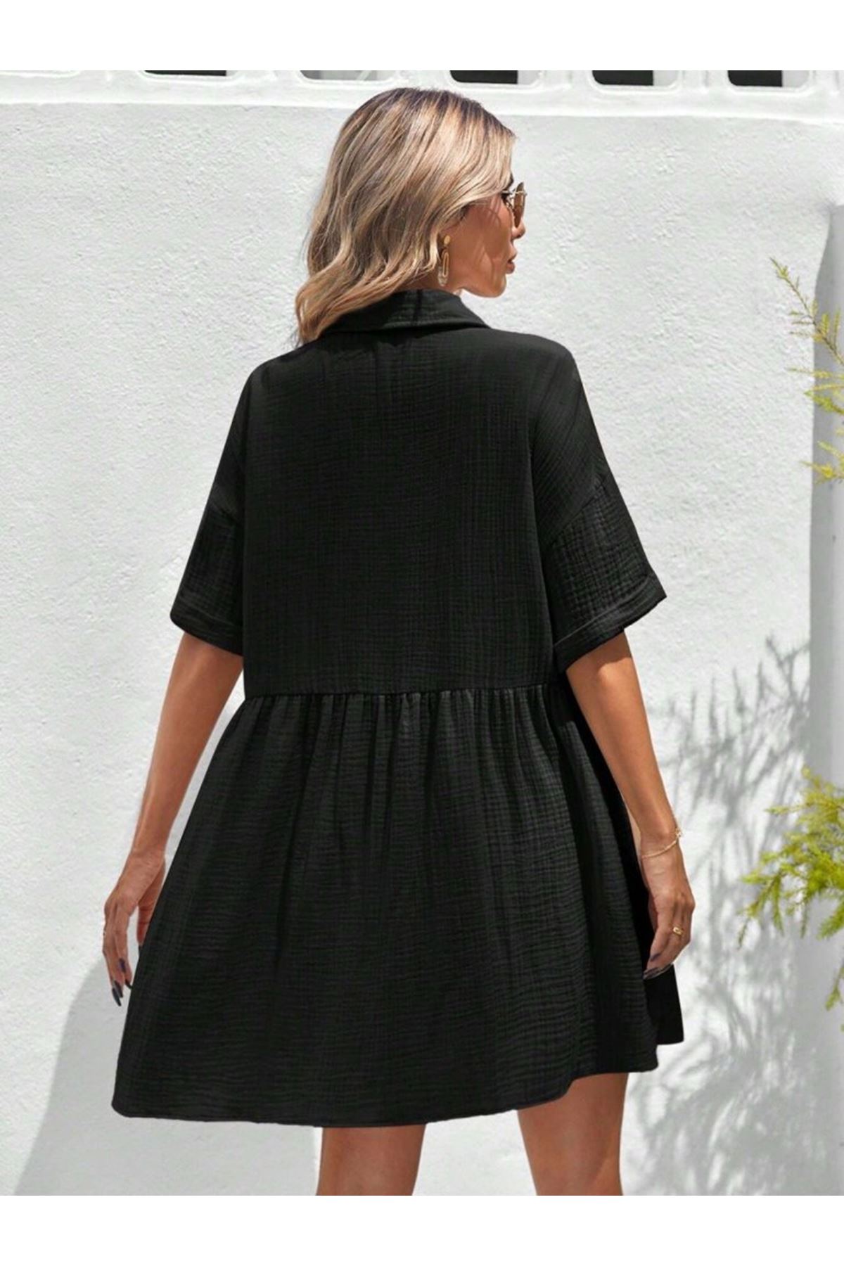 Kadın Kısa Kollu Yakalı önden Düğmeli Kısa Bürümcük Elbise