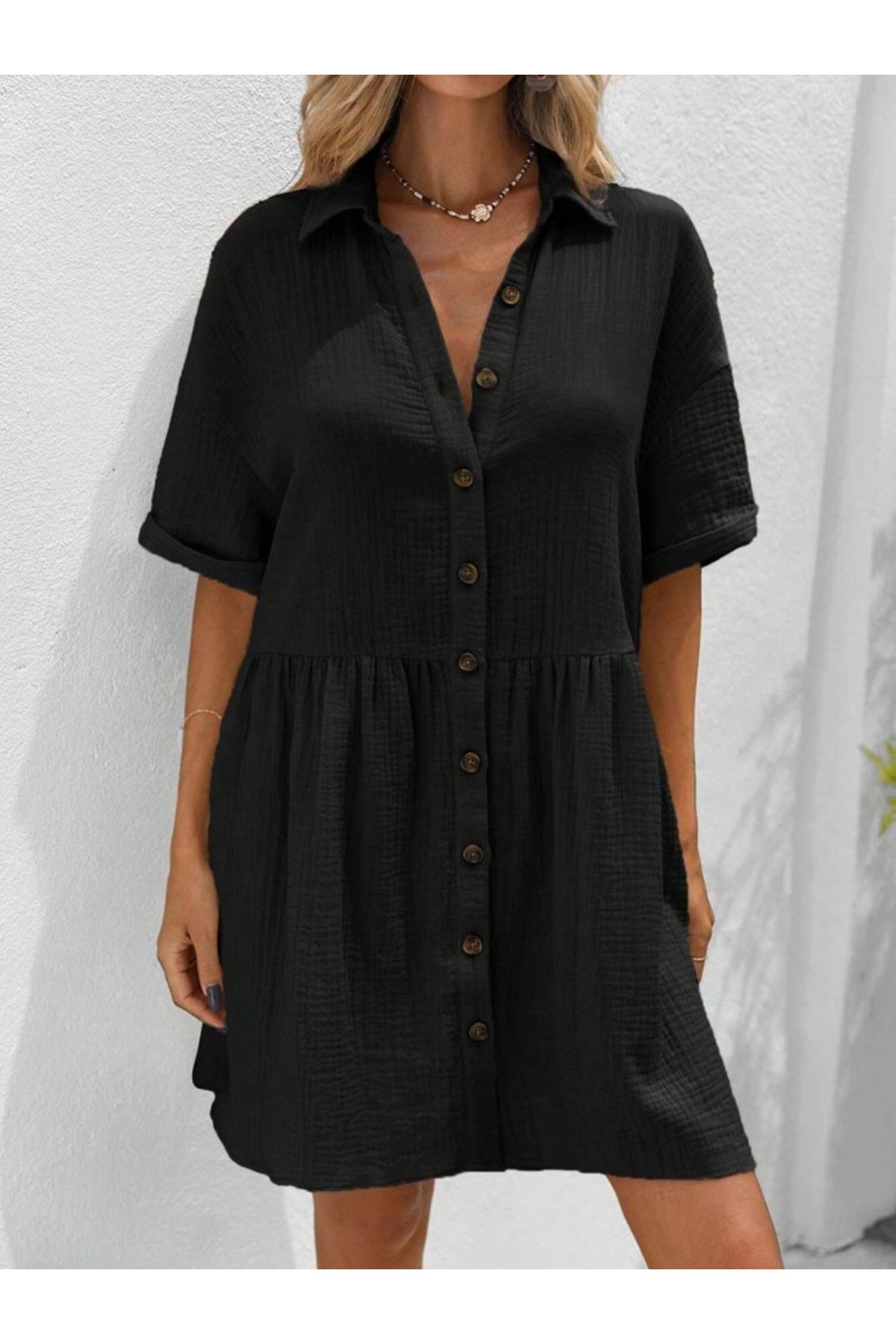 Kadın Kısa Kollu Yakalı önden Düğmeli Kısa Bürümcük Elbise