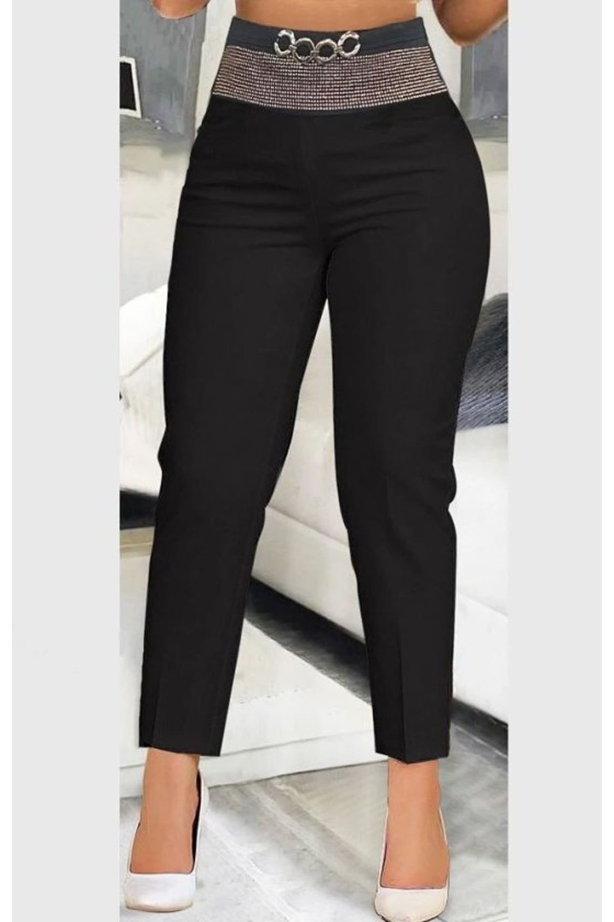 Kadın Yüksek Bel önden Taşlı Ve Tokalı Ithal Krep Pantolon