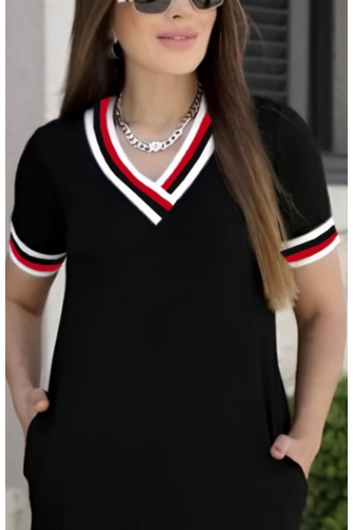 Kadın Kısa Kollu V Yaka Ribana Detay Midiboy Viskon Elbise