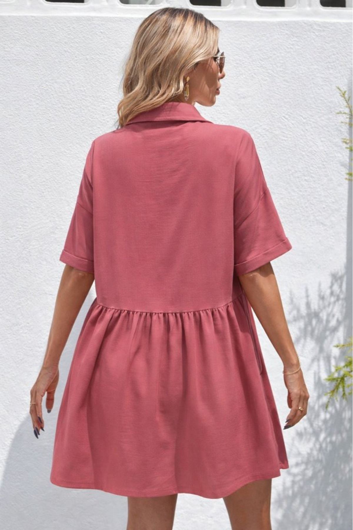 Kadın Kısa Kollu Yakalı önden Düğmeli Kısa Bürümcük Elbise