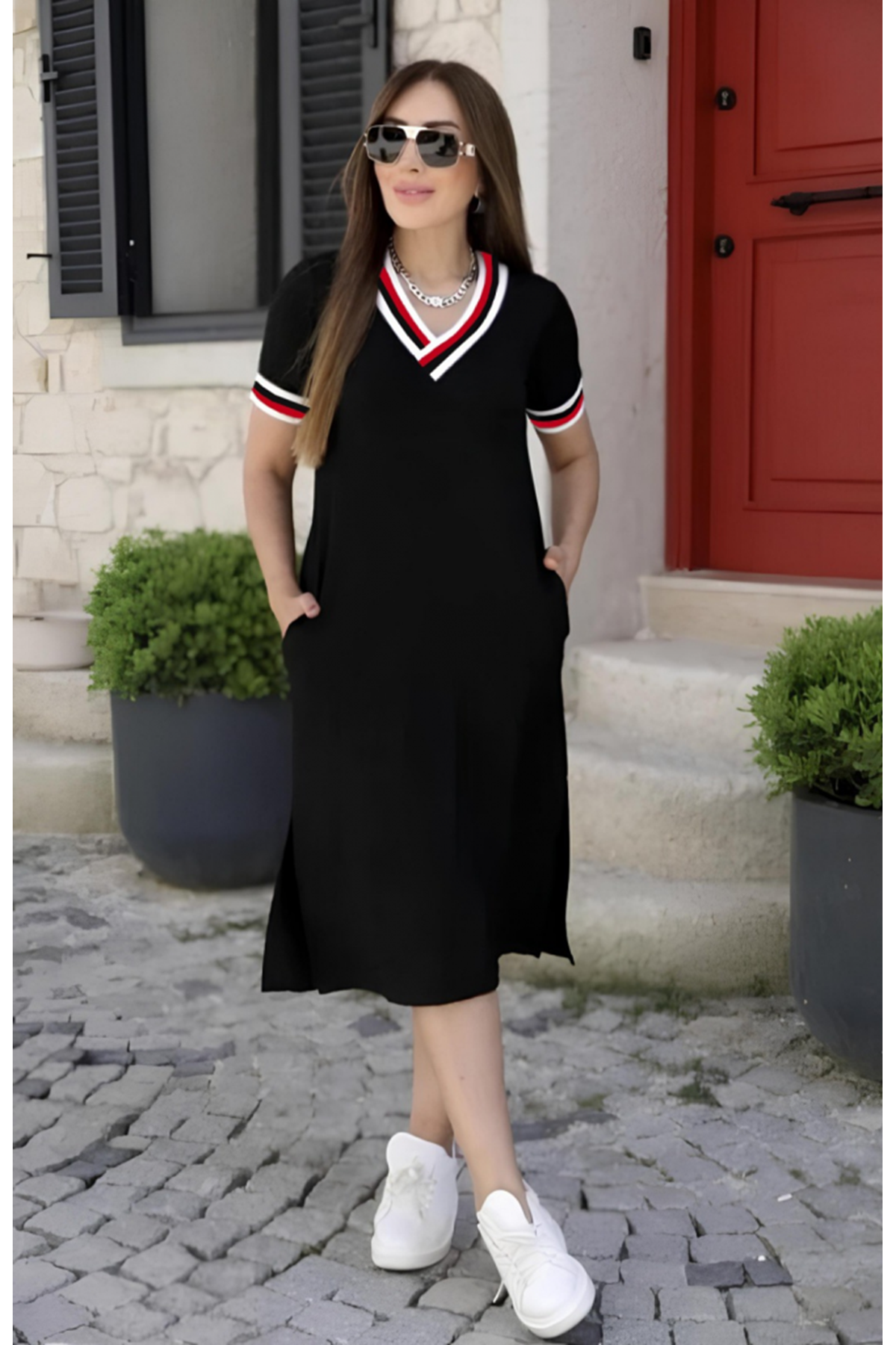 Kadın Kısa Kollu V Yaka Ribana Detay Midiboy Viskon Elbise