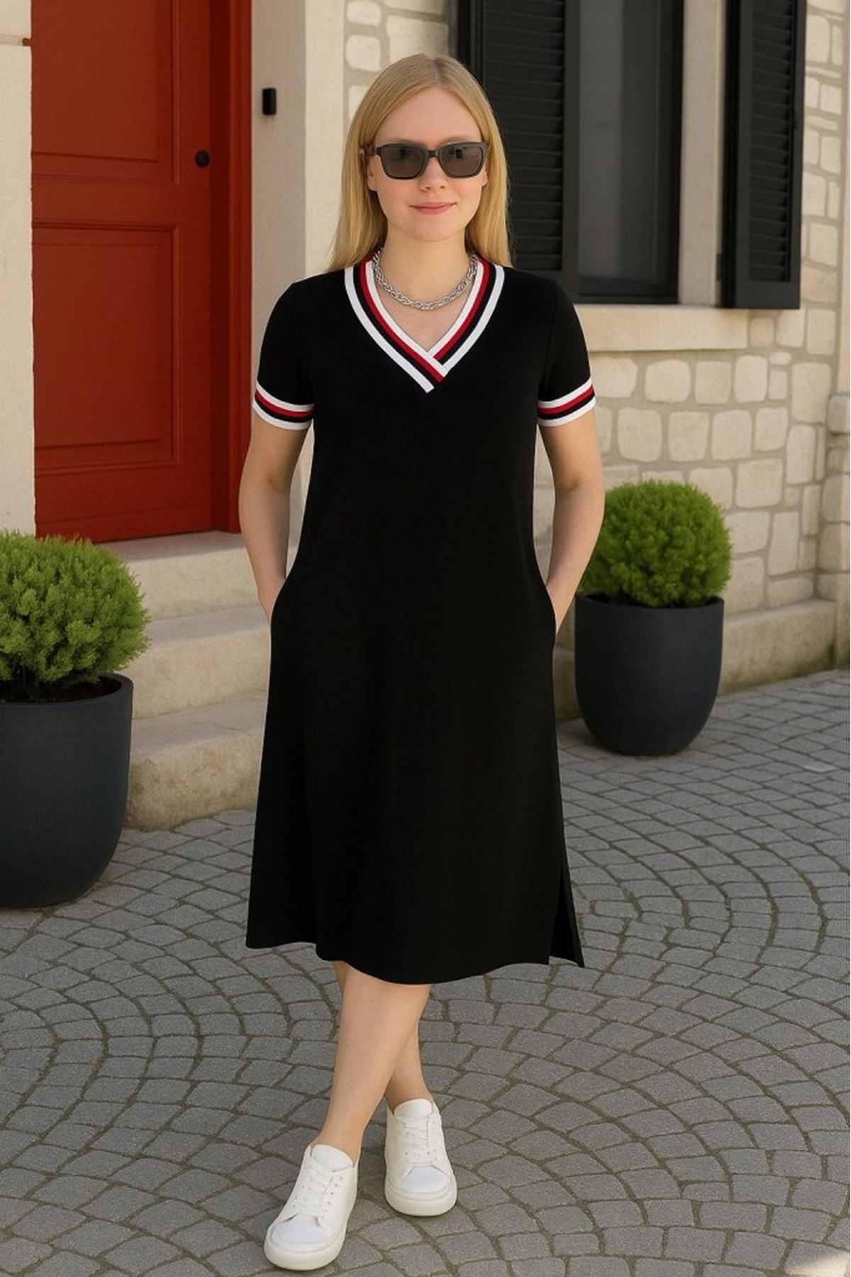 Kadın Kısa Kollu V Yaka Ribana Detay Midiboy Viskon Elbise