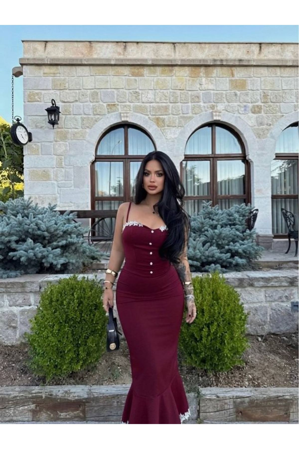 Kadın Güpür Dantel Detaylı Gizli Fermuarlı Midi Boy Elbise