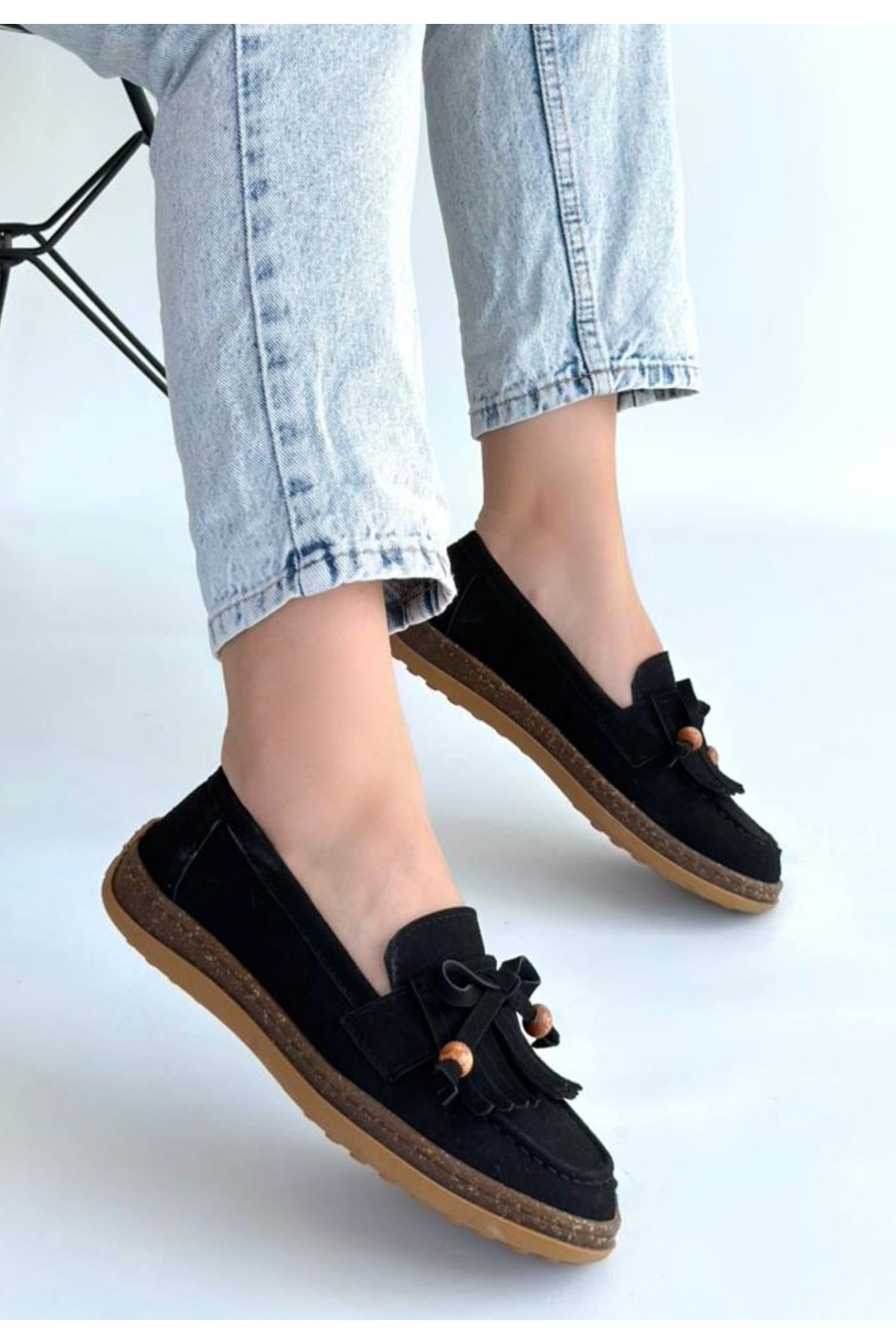 Boriy Siyah Deri Tozu Süet Babet Ayakkabı