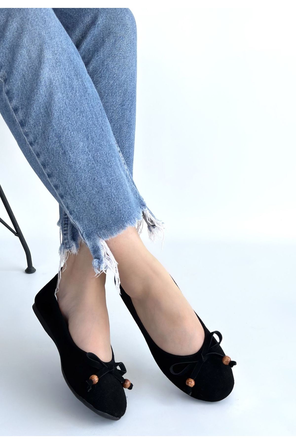 Cear Siyah Deri Tozu Süet Babet Ayakkabı