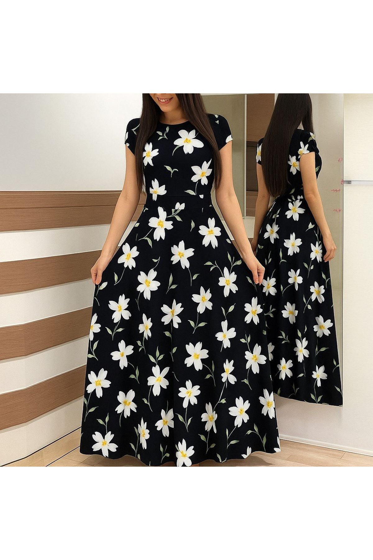 Kadın Kısa Kollu Bisiklet Yaka Puantiyeli Maksi örme Krep Elbise