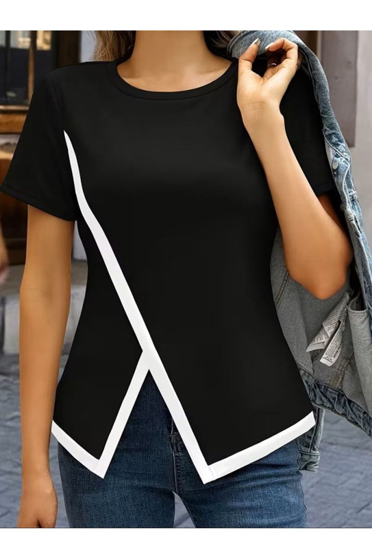 Kadın Kısa Kollu Bisiklet Yaka Viskon Bluz