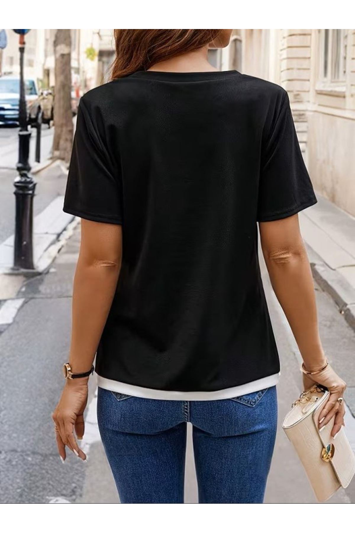 Kadın Kısa Kollu Bisiklet Yaka Viskon Bluz