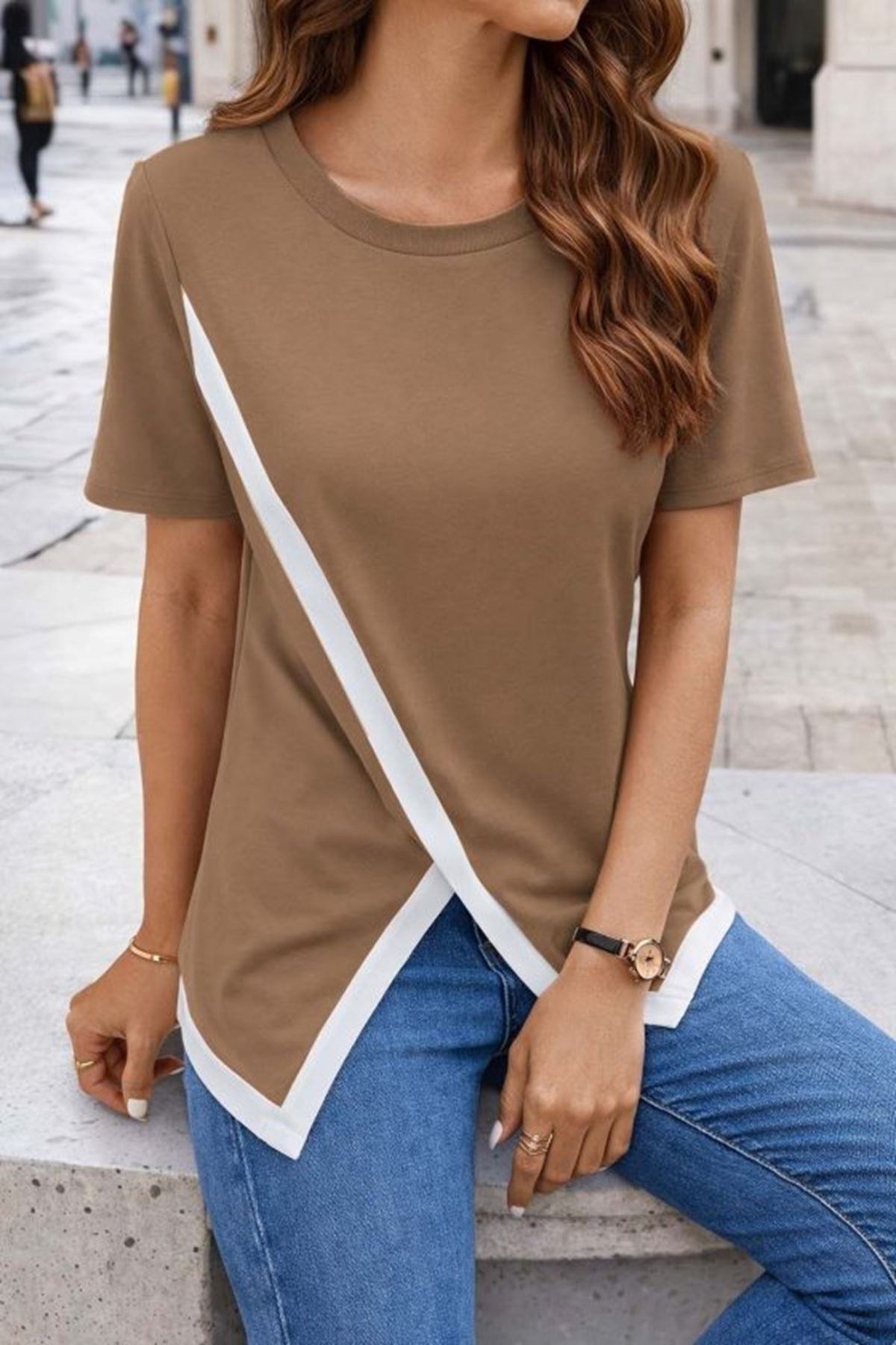 Kadın Kısa Kollu Bisiklet Yaka Viskon Bluz