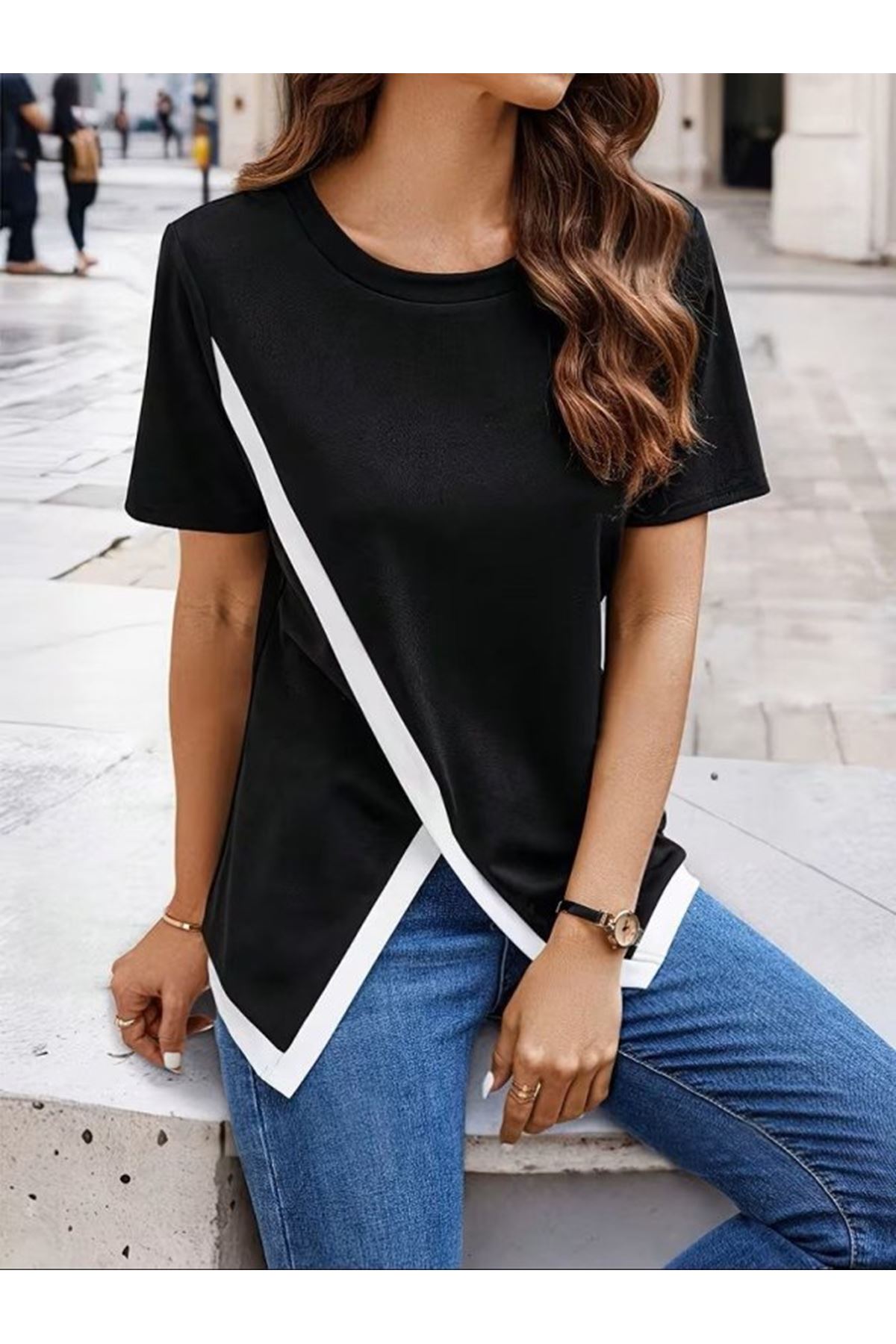 Kadın Kısa Kollu Bisiklet Yaka Viskon Bluz