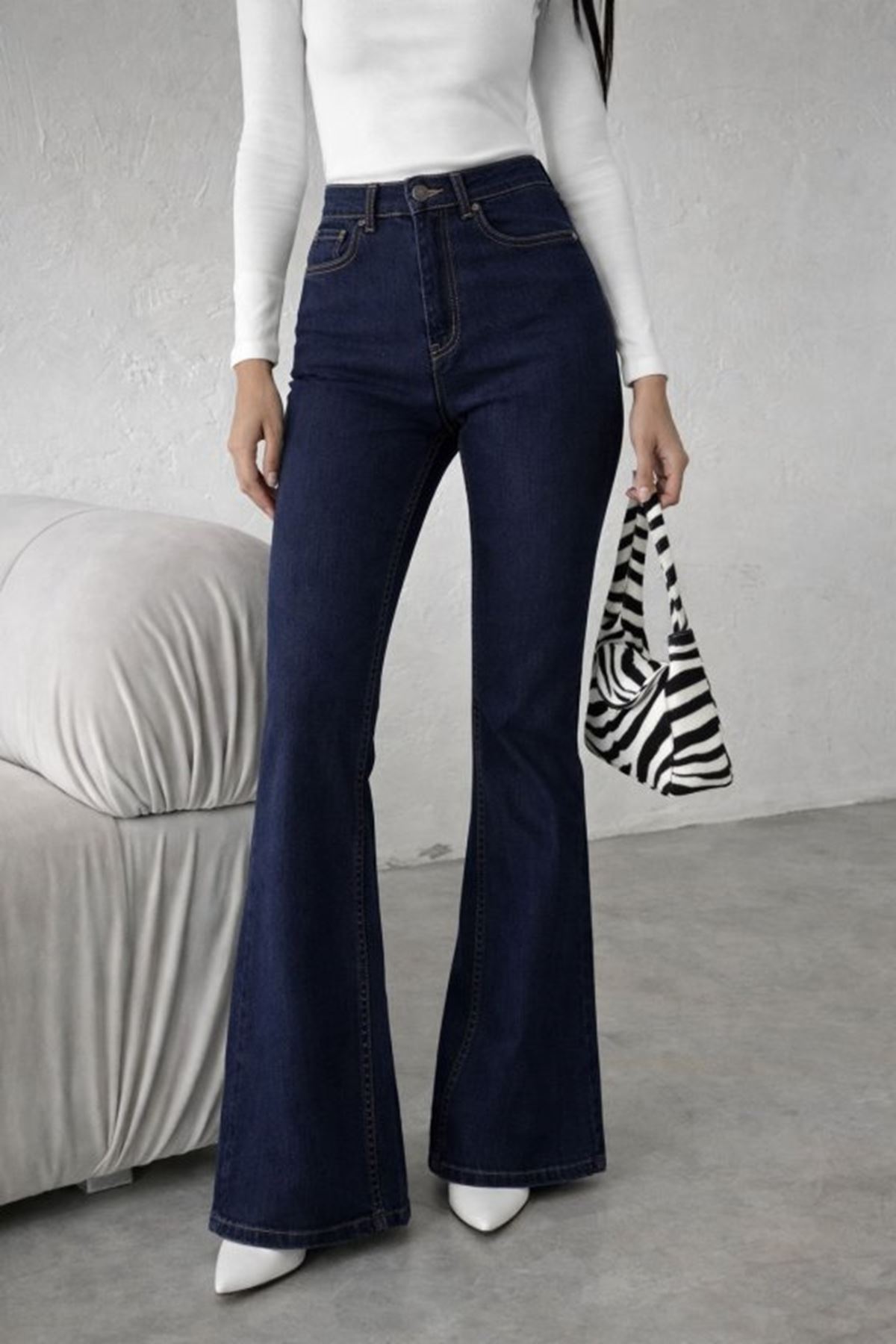 Kadın Yüksek Bel Ispanyol Paça Kot Pantolon