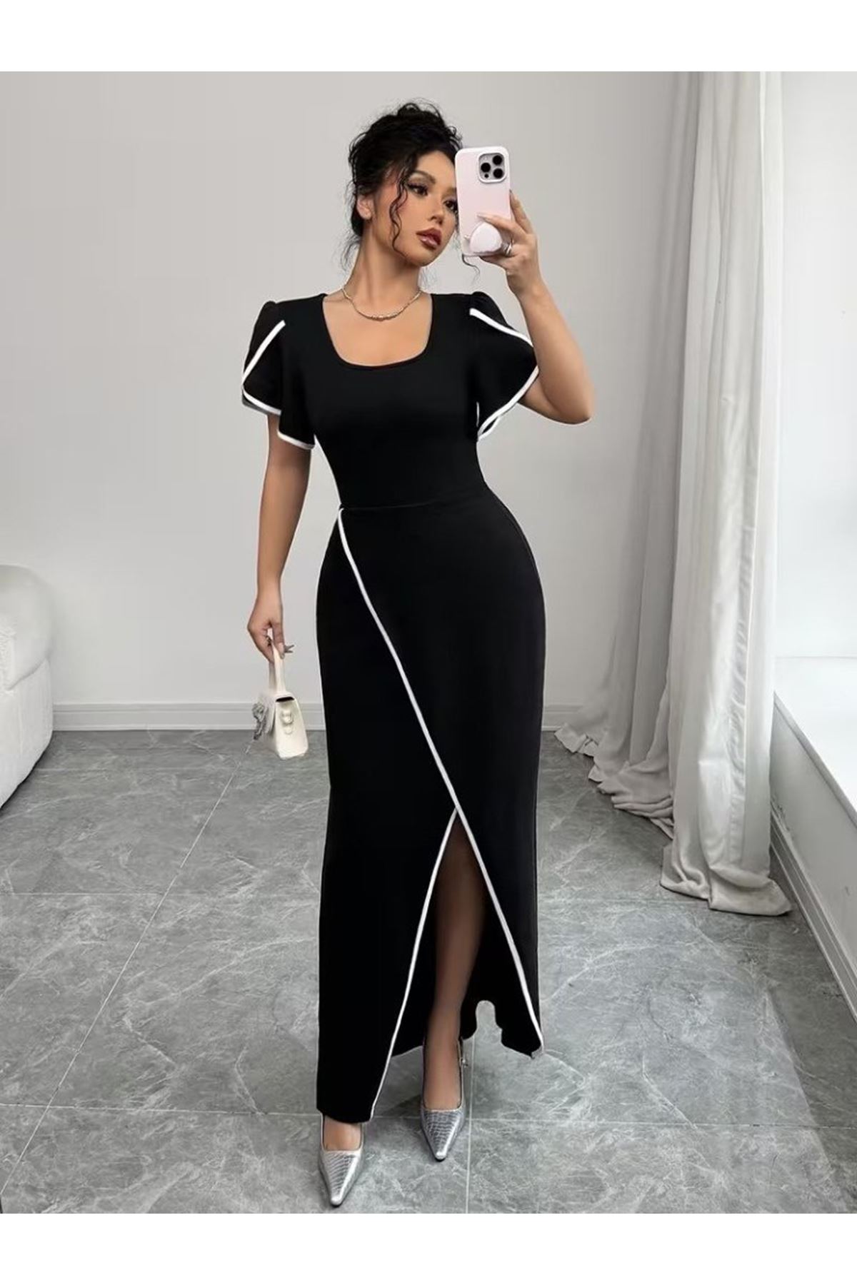 Kadın Kısa Kollu Kare Yakalı önden çapraz Kesim Detaylı Krep Elbise