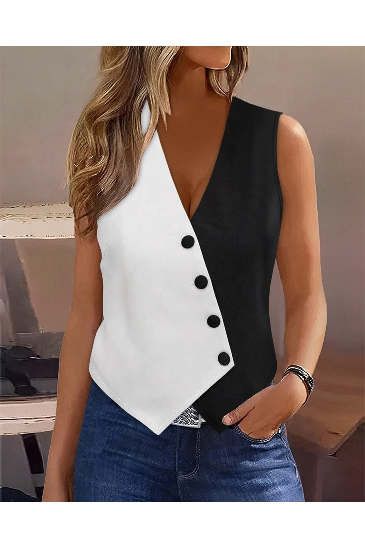 Kadın Sıfır Kol V Yakalı Düğmeli Blok Renkli Atlas Yelek