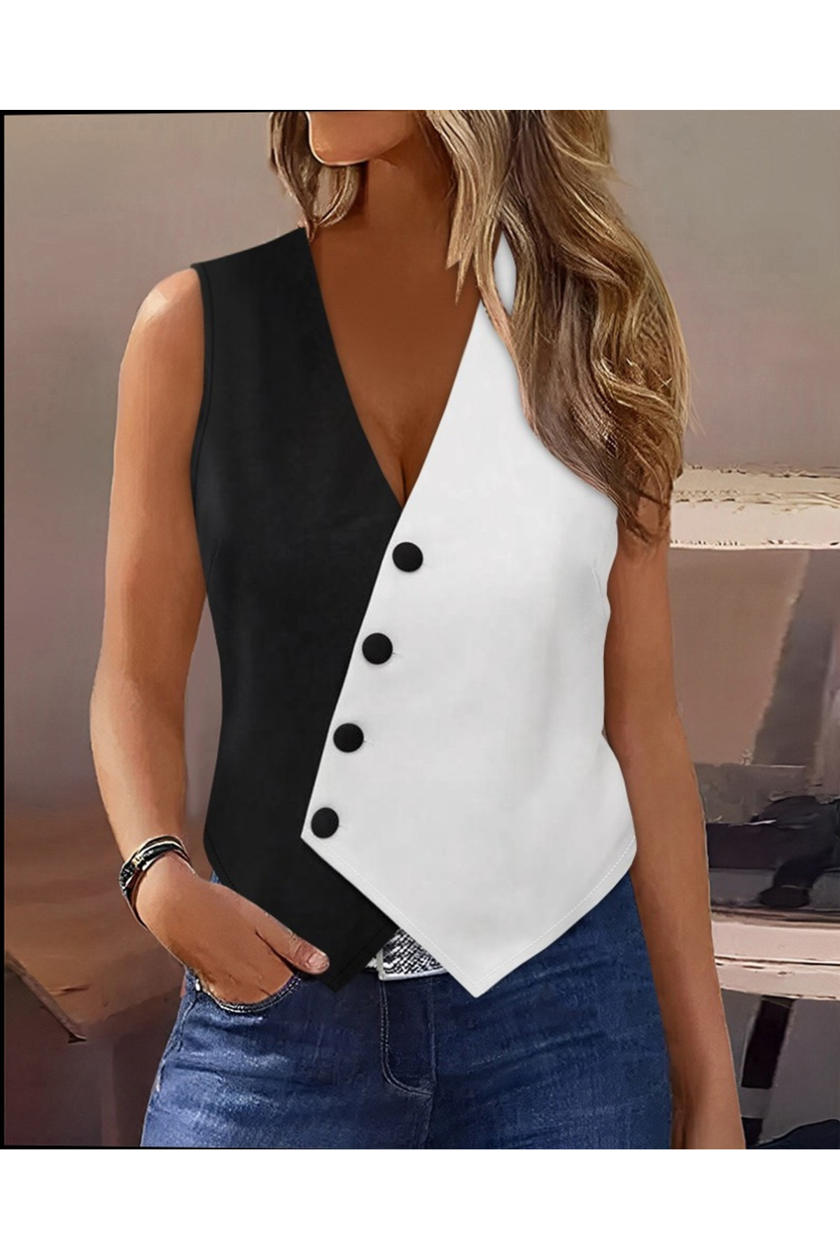 Kadın Sıfır Kol V Yakalı Düğmeli Blok Renkli Atlas Yelek