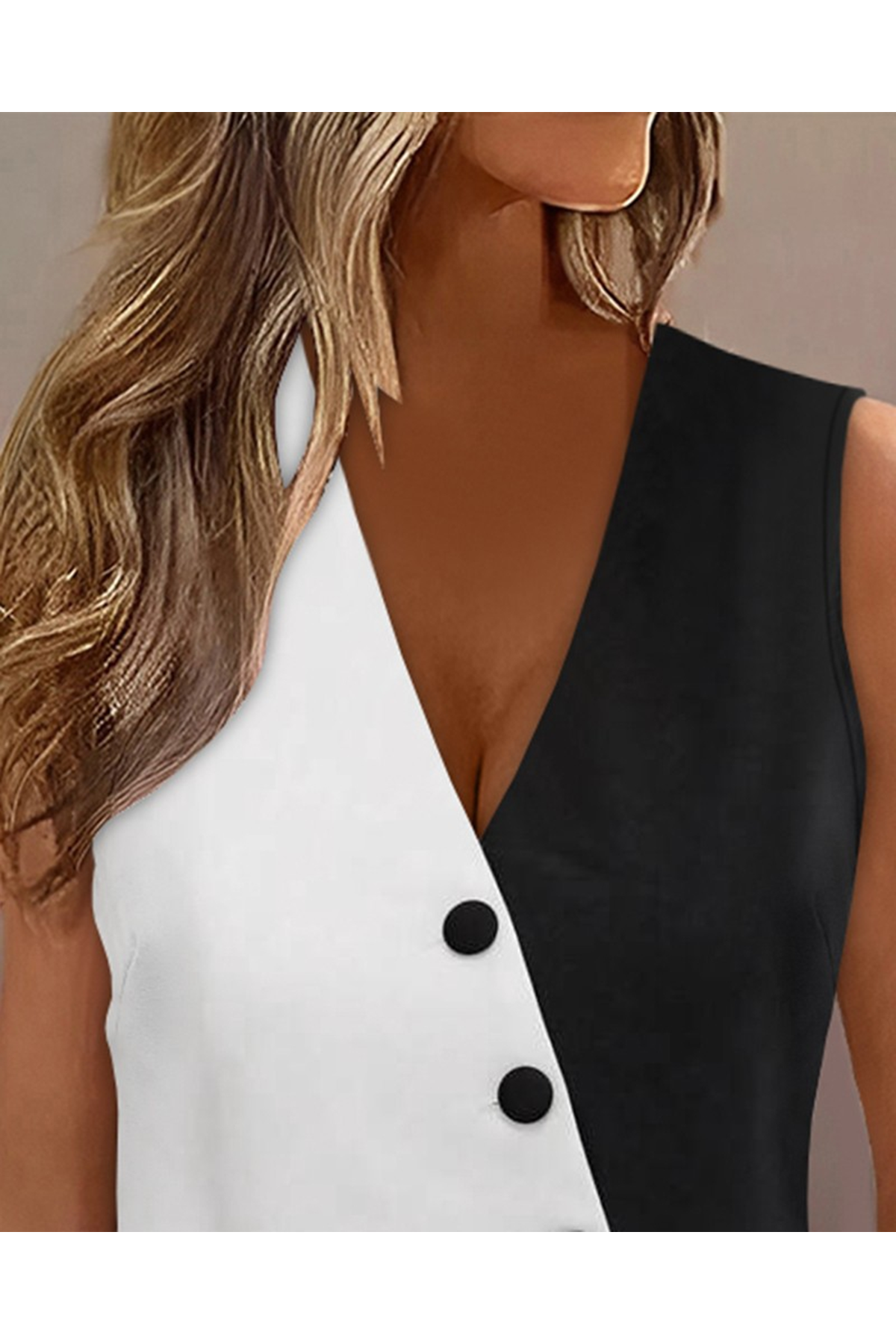 Kadın Sıfır Kol V Yakalı Düğmeli Blok Renkli Atlas Yelek