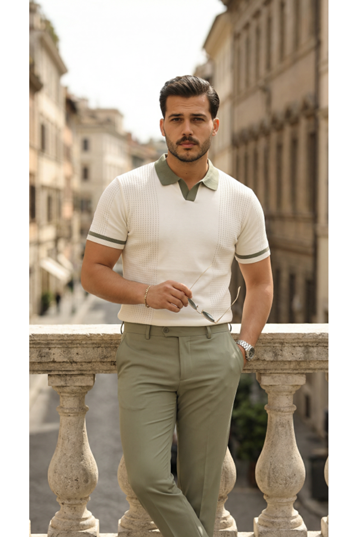 Erkek Renkli Yakalı File Desenli Kısa Kollu Tişört