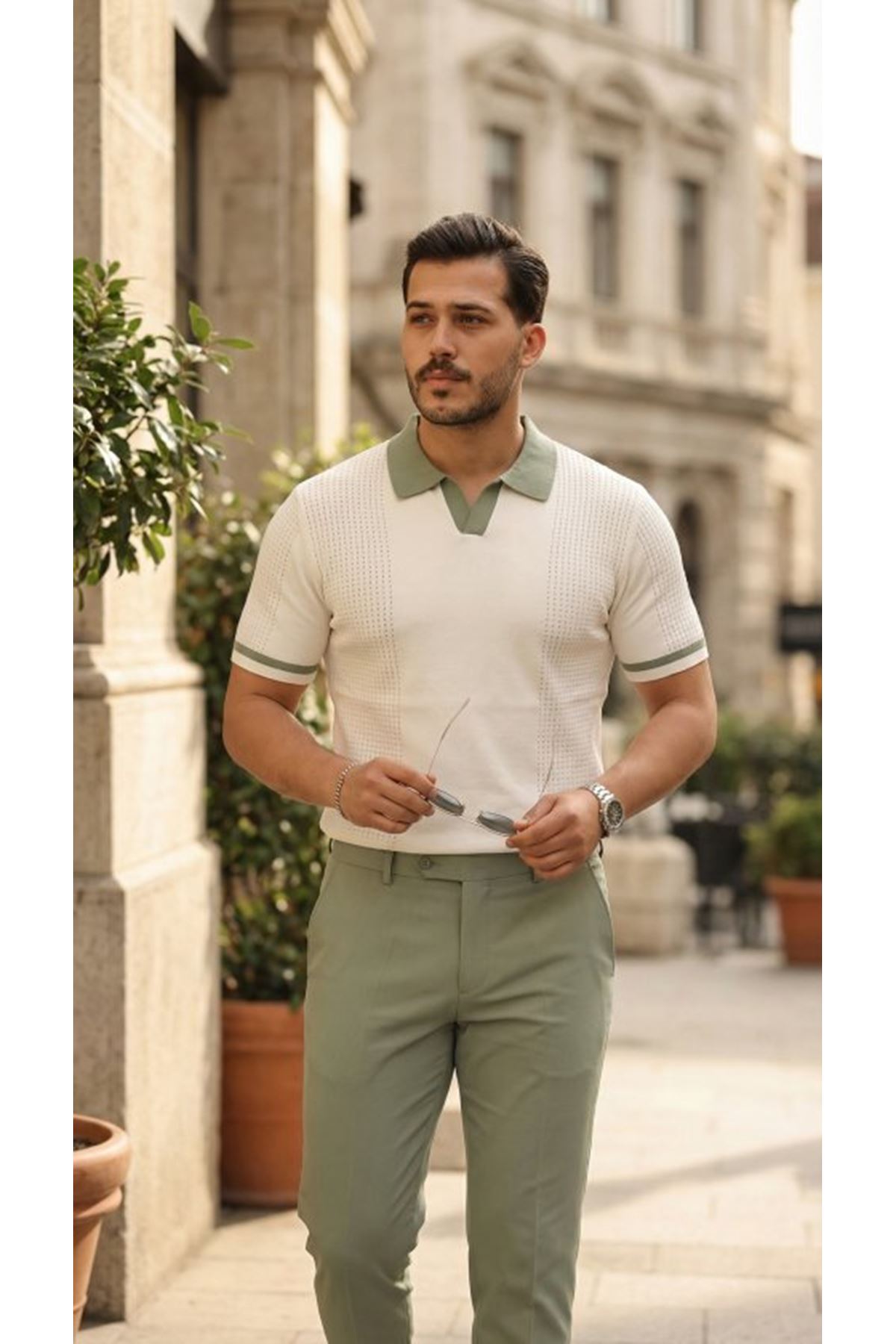 Erkek Renkli Yakalı File Desenli Kısa Kollu Tişört