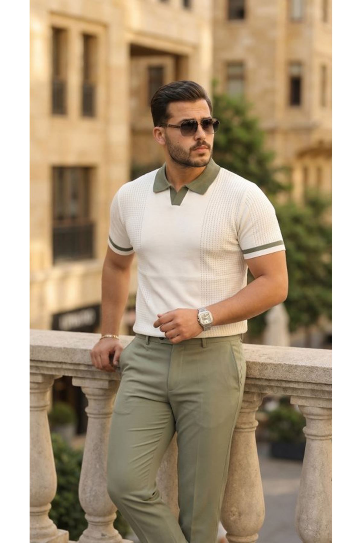 Erkek Renkli Yakalı File Desenli Kısa Kollu Tişört