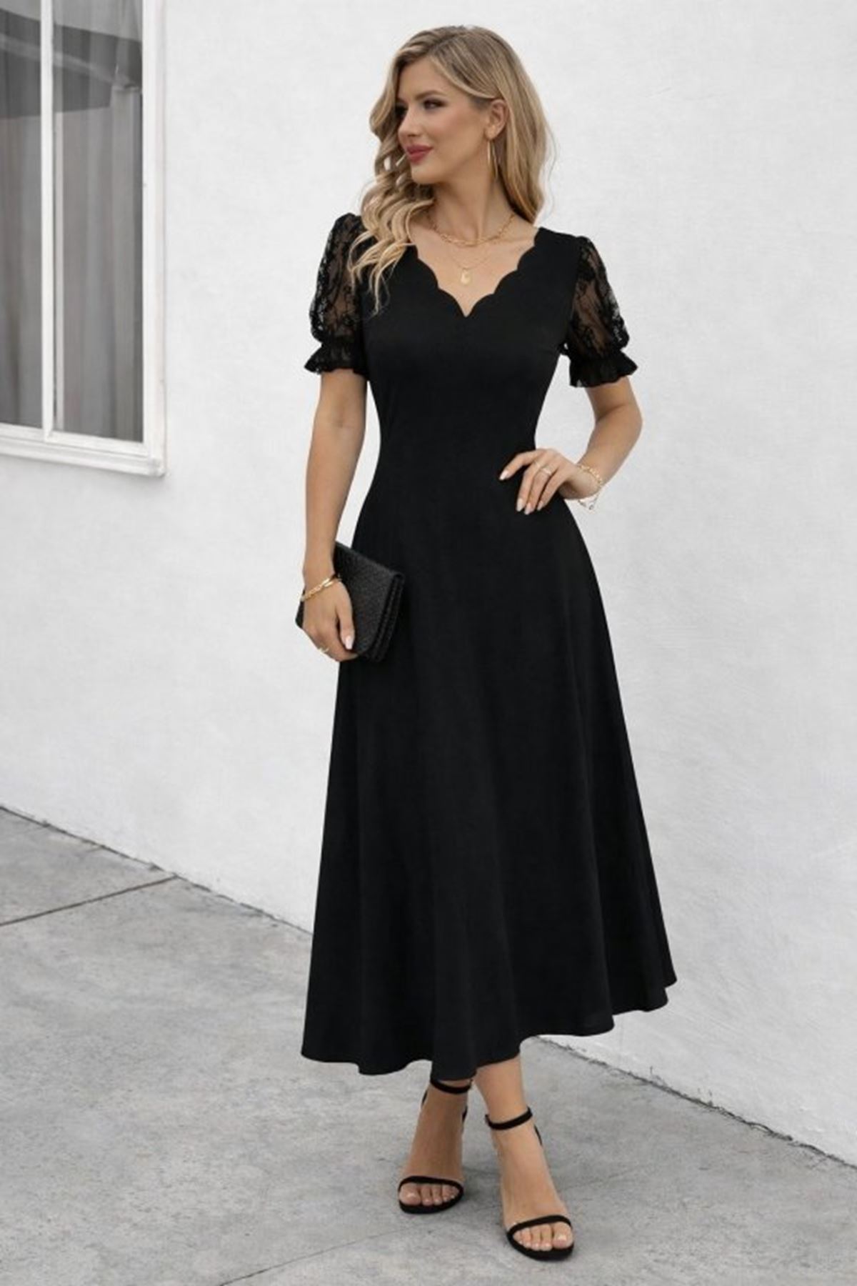 Kadın Kısa Kollu V Yakalı Uzun Janjan Elbise