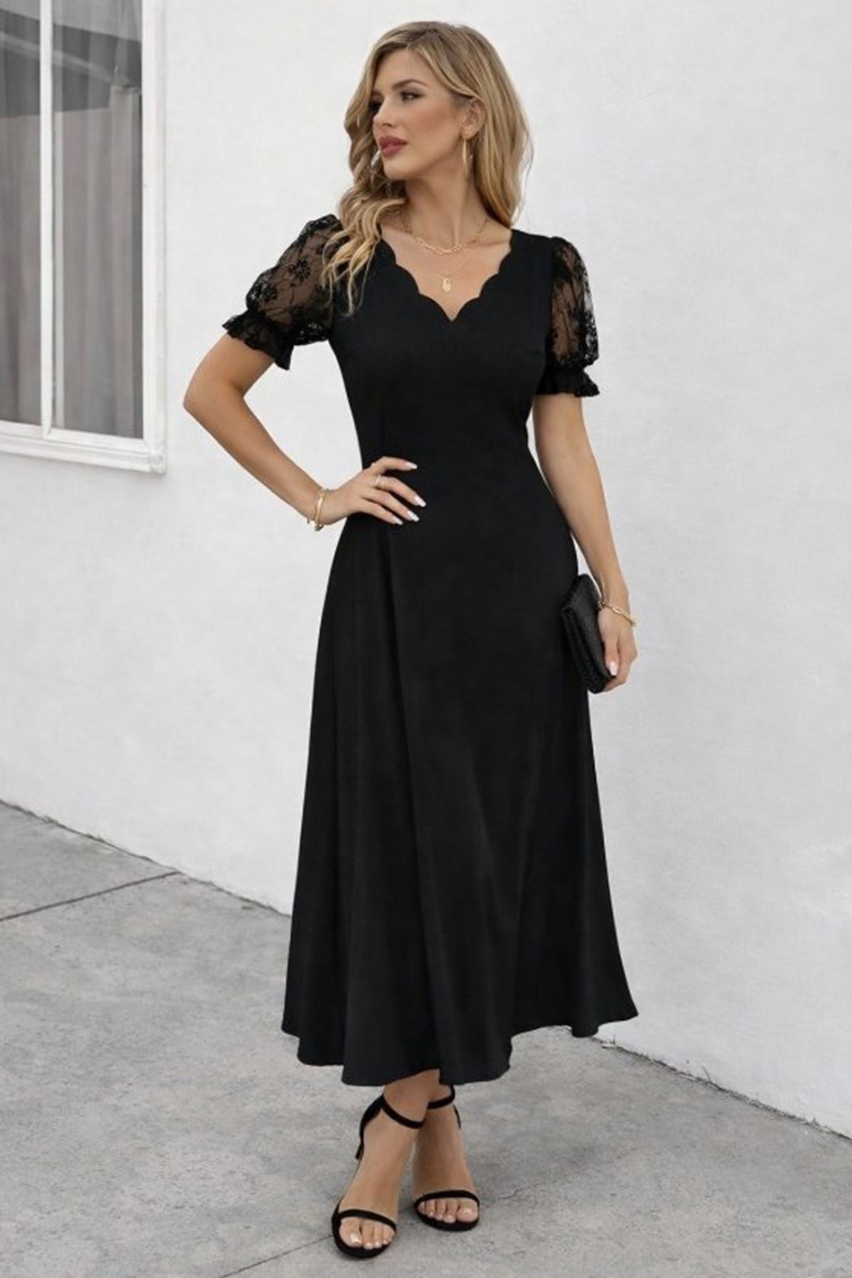 Kadın Kısa Kollu V Yakalı Uzun Janjan Elbise