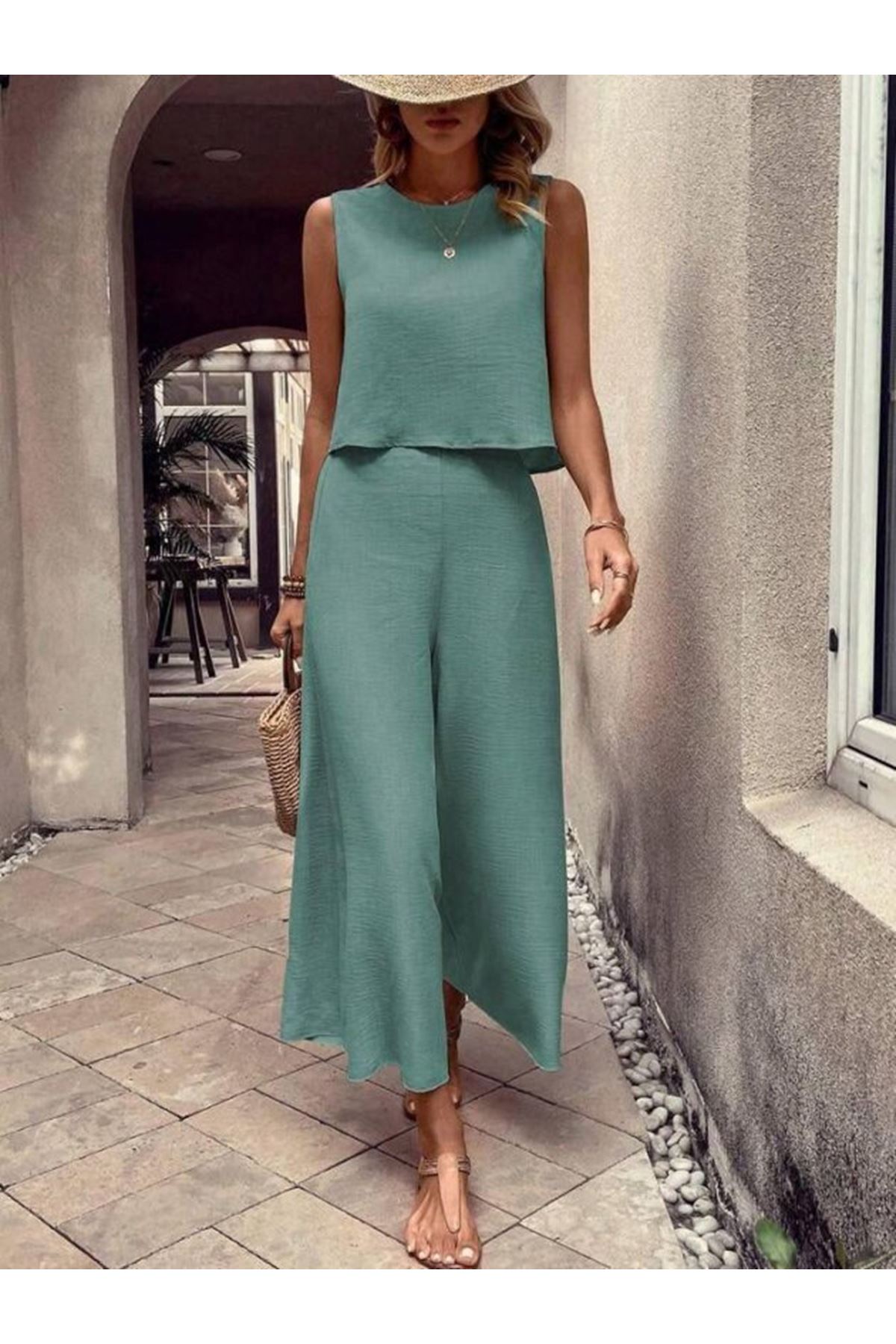 Kadın Geniş Paça Pantolon Ve Bluzlu Aerobin Kumaş Ikili Takım