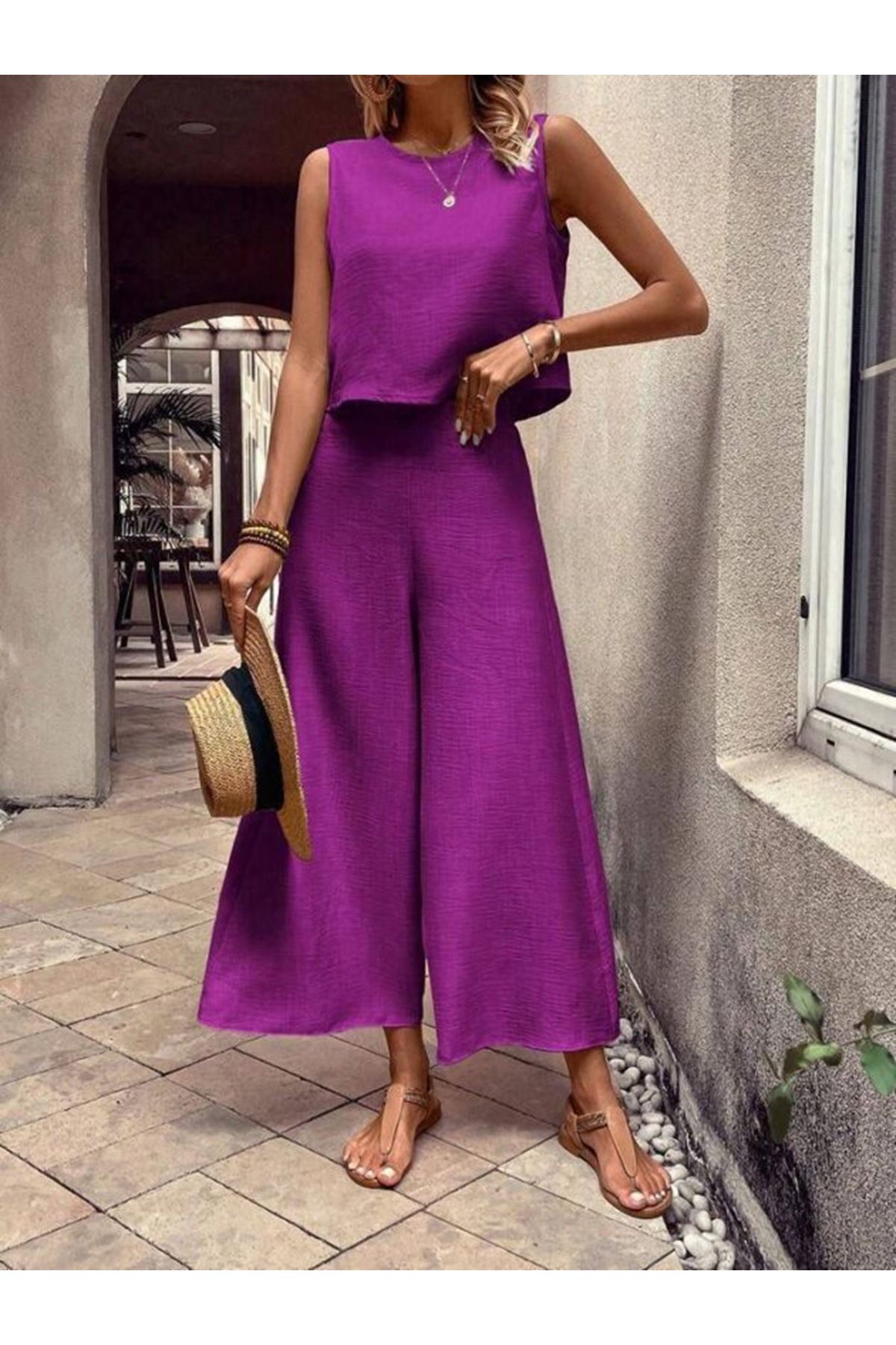 Kadın Geniş Paça Pantolon Ve Bluzlu Aerobin Kumaş Ikili Takım