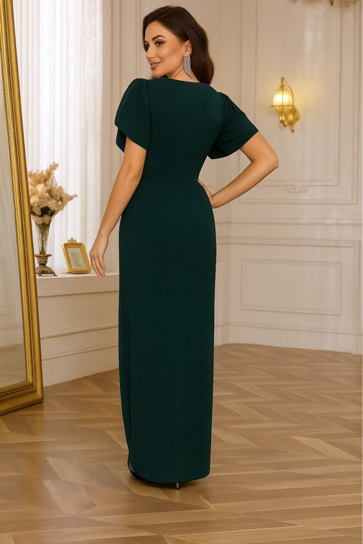 Kadın Kısa Kollu Kruvaze Yakalı Belden çiçek Aksesuarlı Yırtmaçlı Ithal Krep Elbise