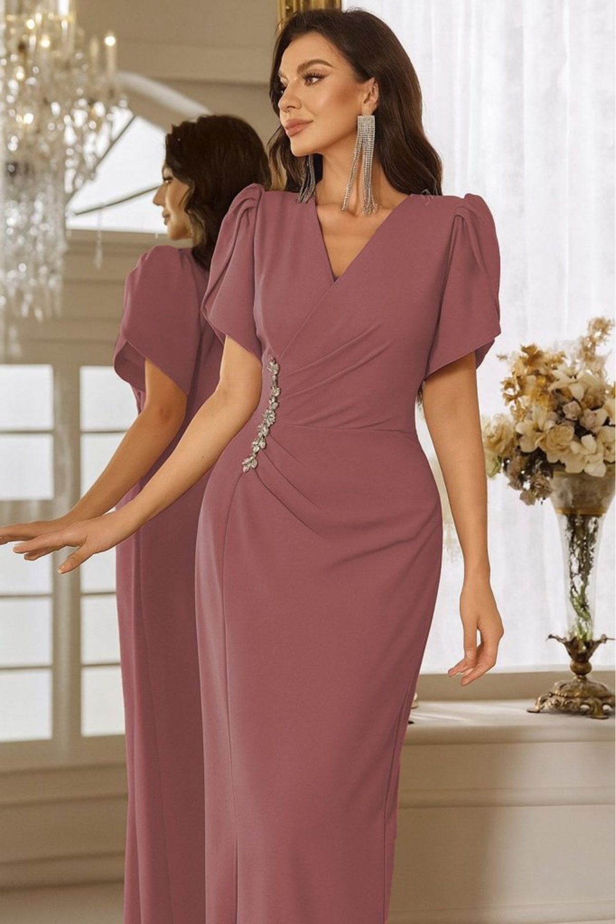 Kadın Kısa Kollu Kruvaze Yakalı Belden çiçek Aksesuarlı Yırtmaçlı Ithal Krep Elbise