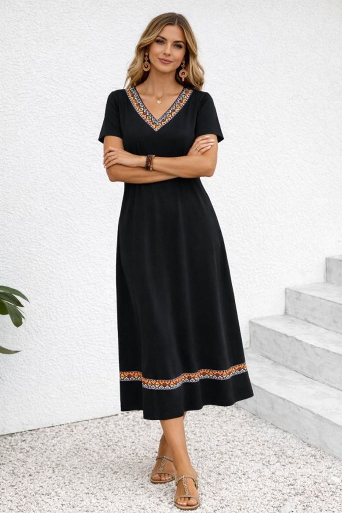 Kadın Kısa Kollu V Yakalı Etnik şerit Detaylı Uzun Viskon