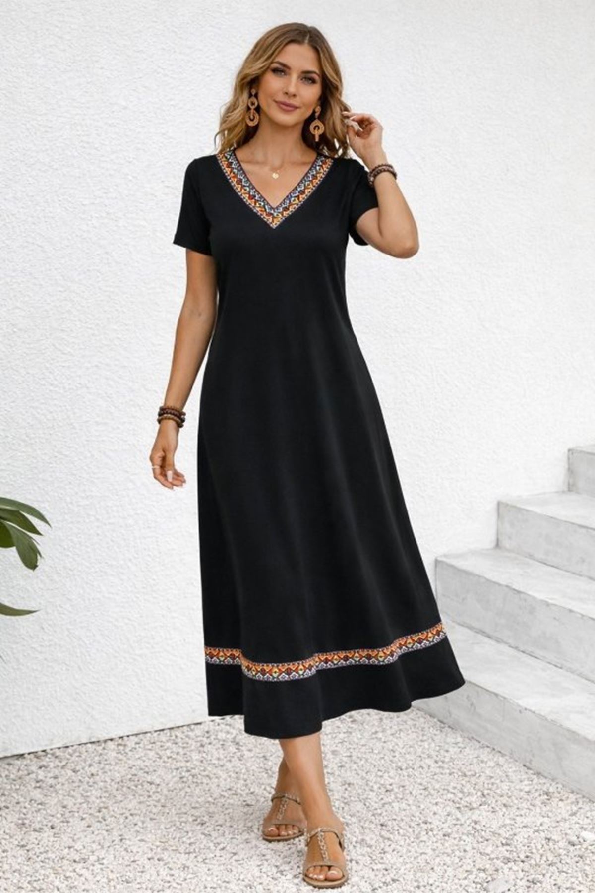 Kadın Kısa Kollu V Yakalı Etnik şerit Detaylı Uzun Viskon