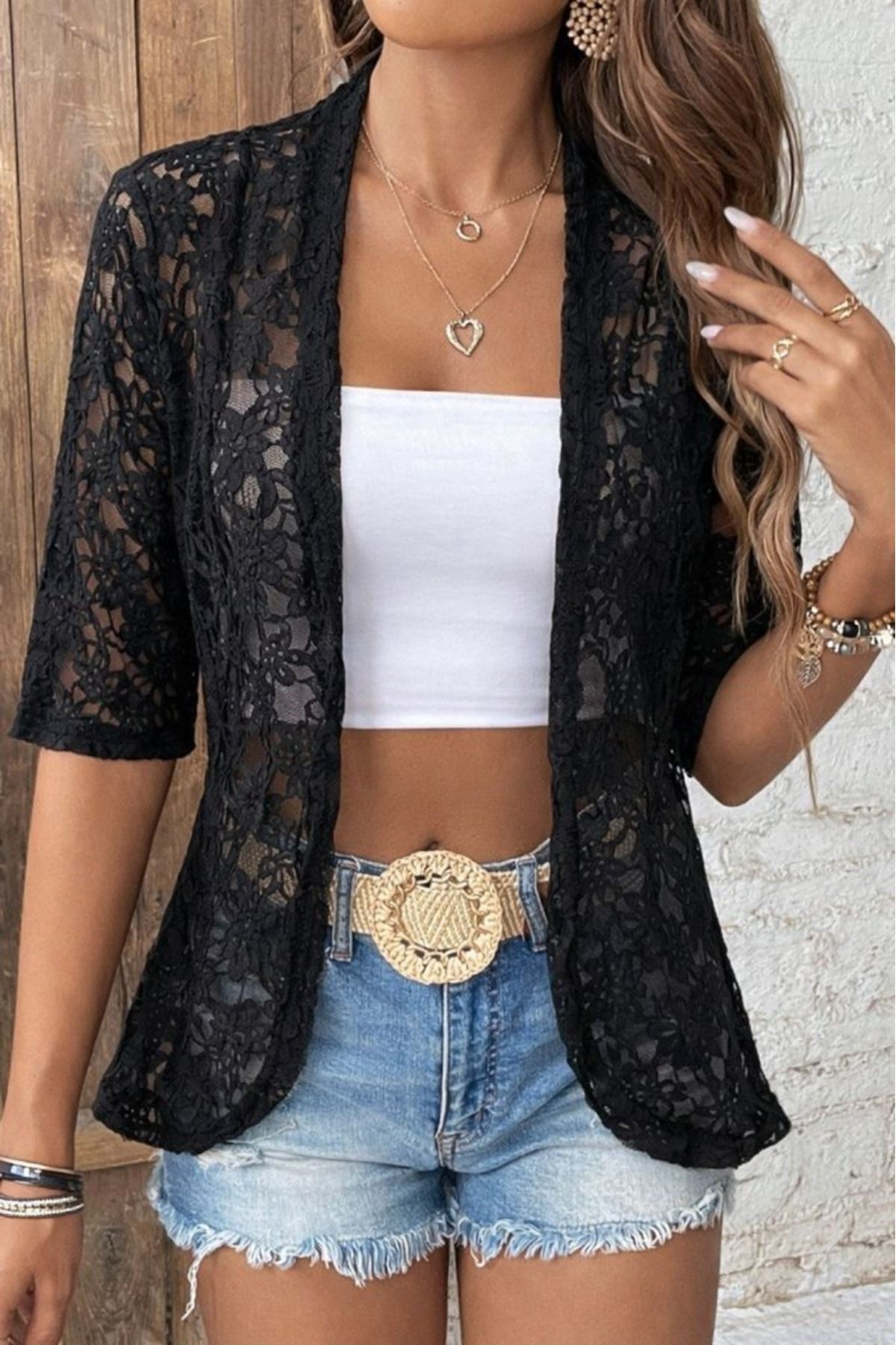 Kadın Kısa Kollu önü Açık Dantelli Ceket