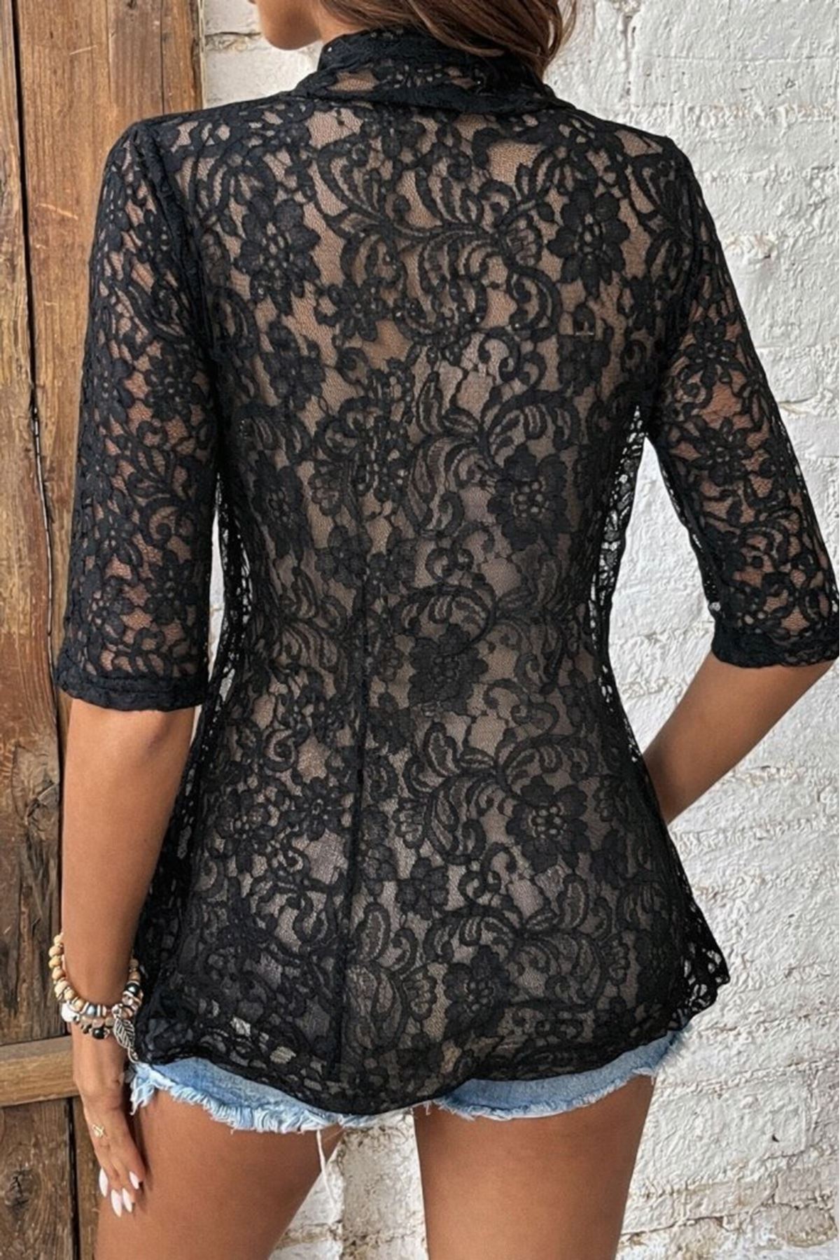 Kadın Kısa Kollu önü Açık Dantelli Ceket