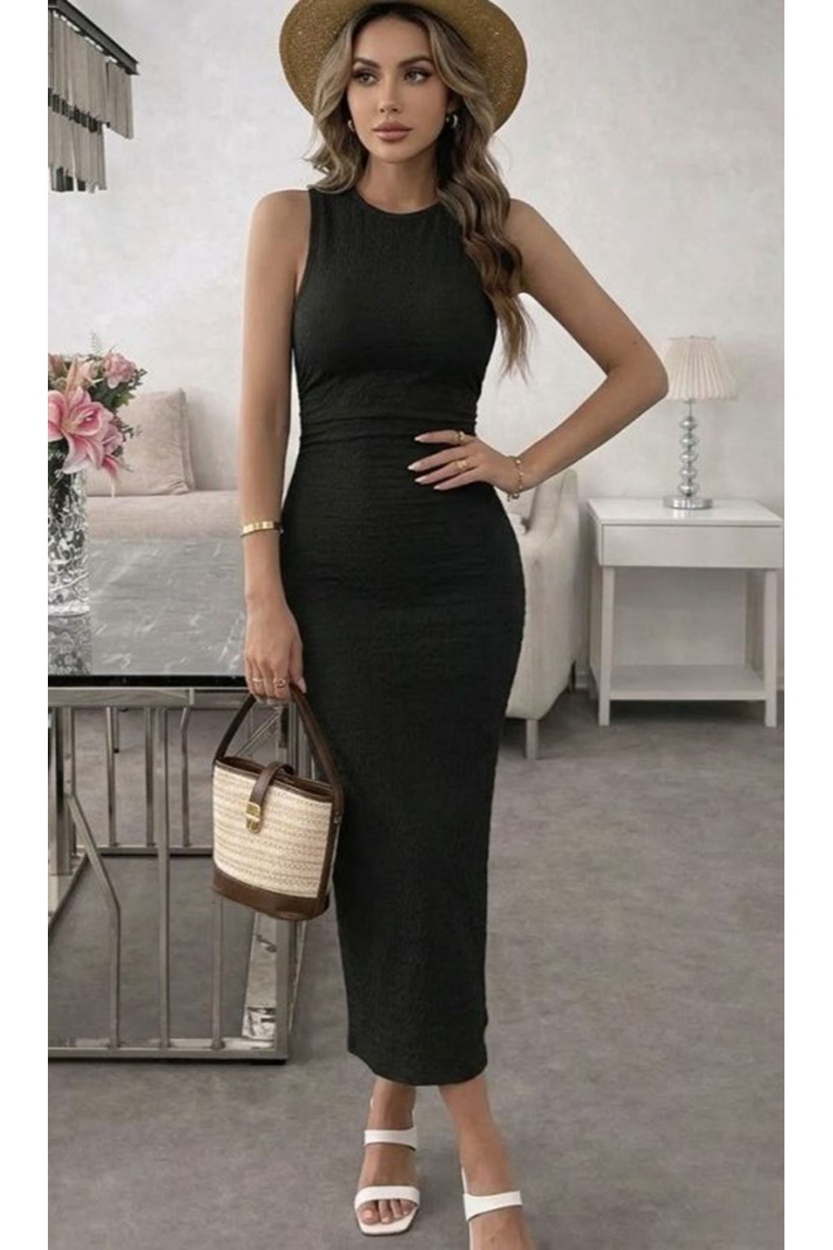 Kadın Askılı Bisiklet Yaka Beli Büzgülü Uzun Bürümcük Elbise