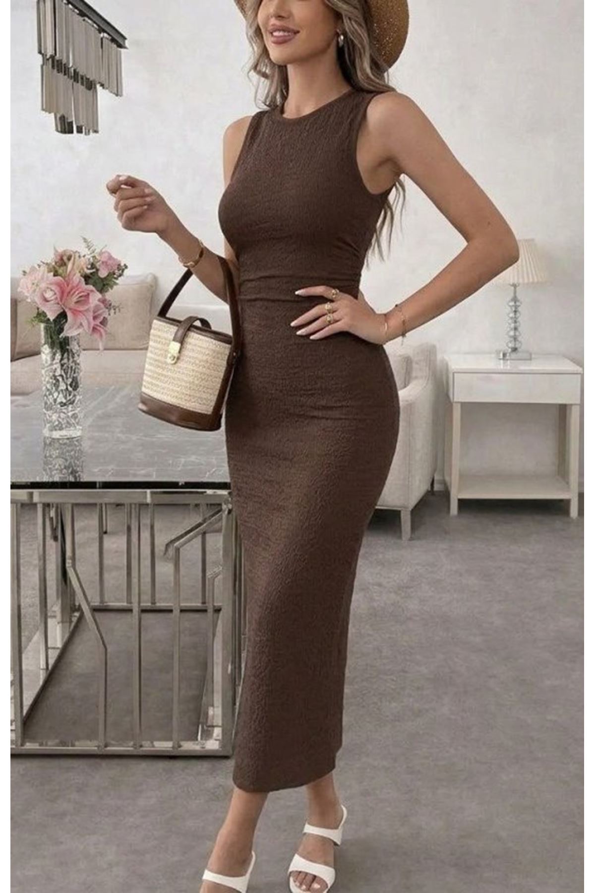 Kadın Askılı Bisiklet Yaka Beli Büzgülü Uzun Bürümcük Elbise