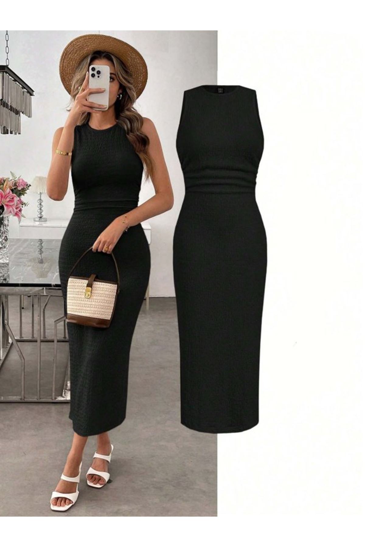 Kadın Askılı Bisiklet Yaka Beli Büzgülü Uzun Bürümcük Elbise