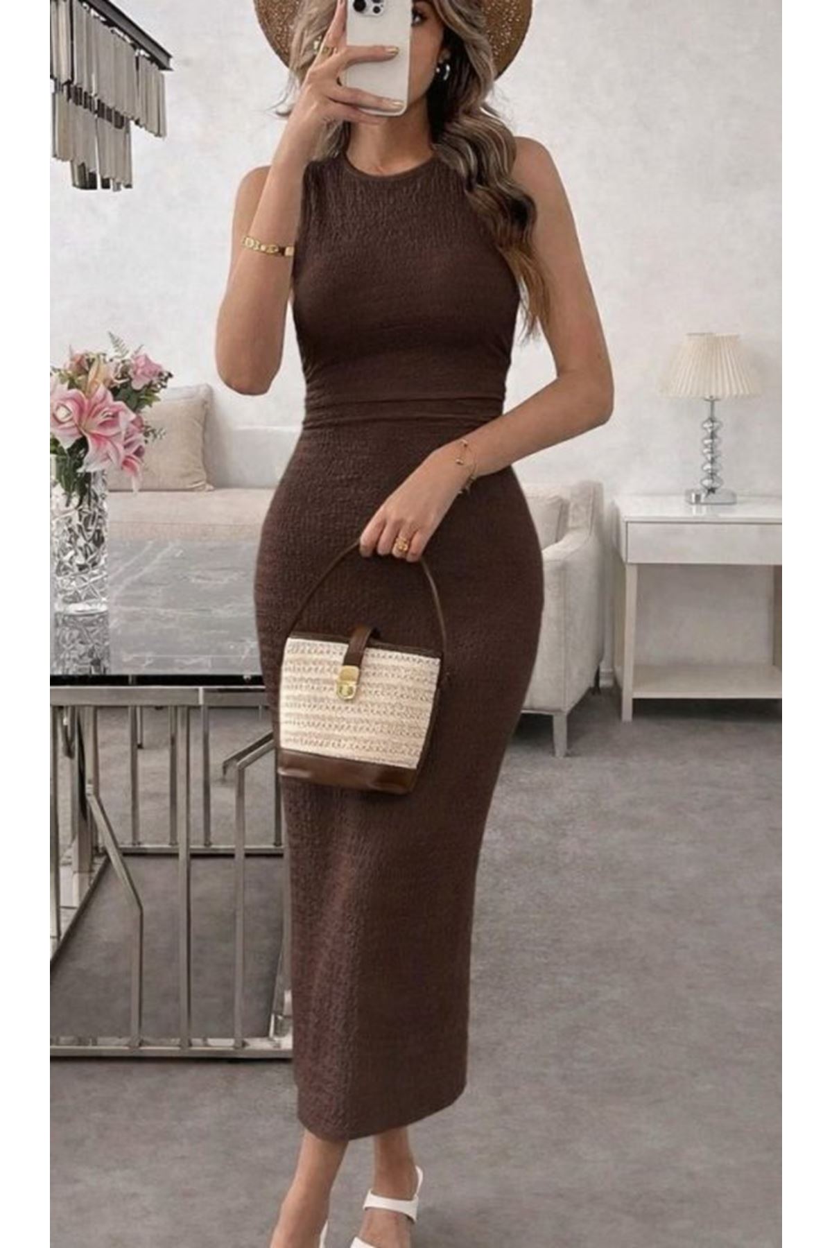 Kadın Askılı Bisiklet Yaka Beli Büzgülü Uzun Bürümcük Elbise